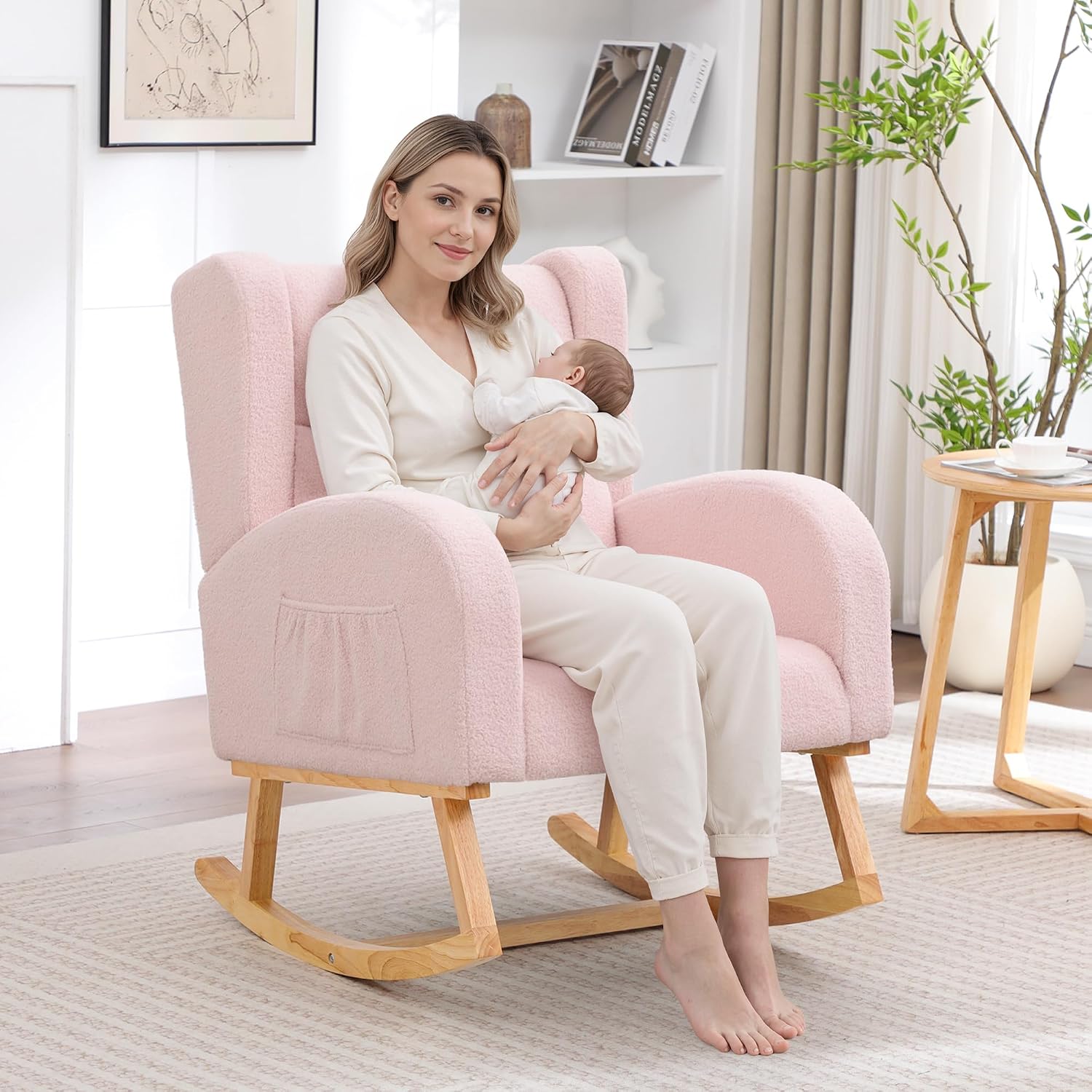 HCHAIRH Nursery Rocking Chair,Wingback Nursery Rocking Chairs,Nursing Glider Rocker Chair with High Back for Living Room Bedroom(Teddy Pink)