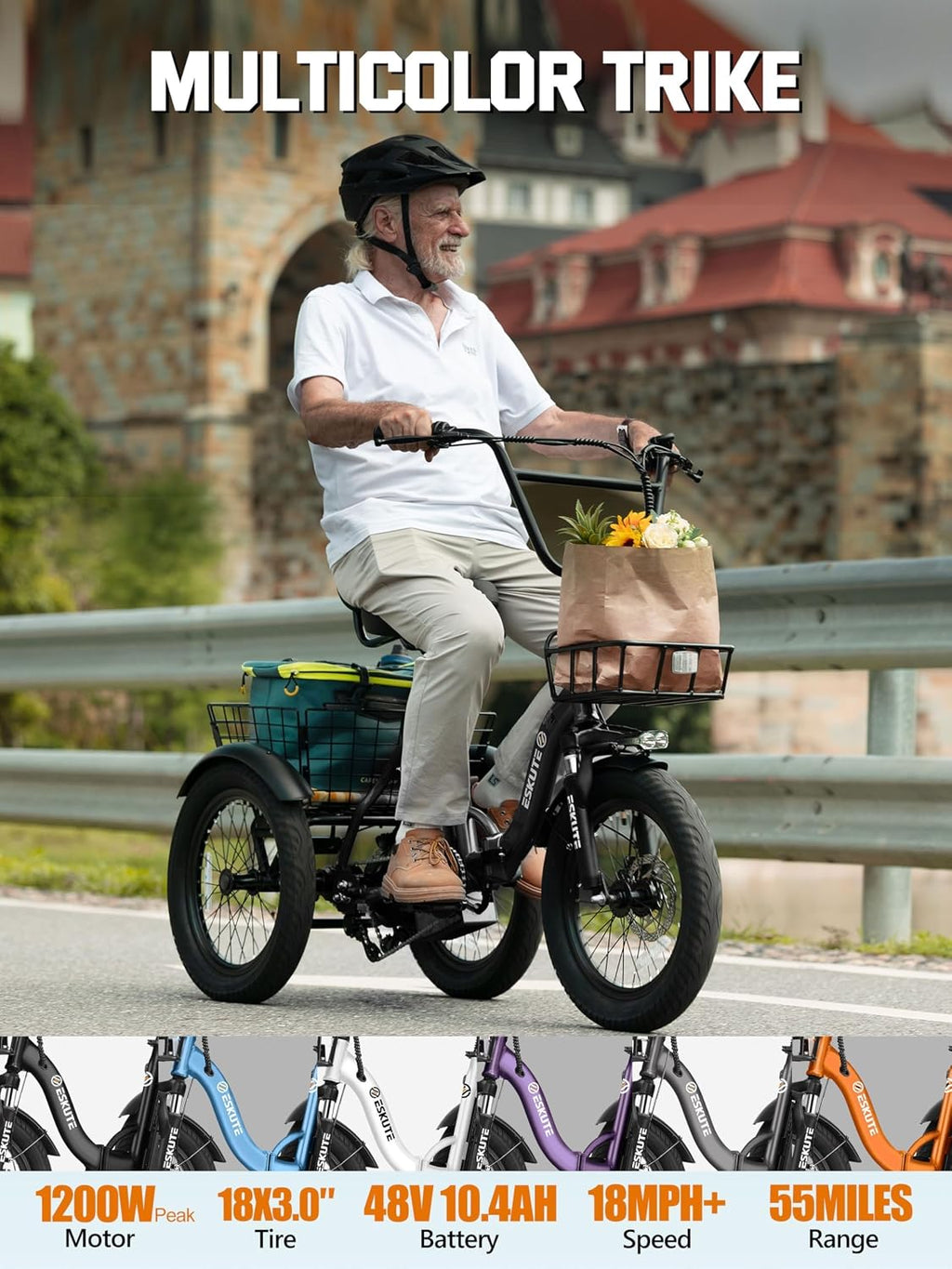 ESKUTE E Trike Electric Bike, Peak 1200W Brushless Motor Folding Trike 18X3.0 Fat Tire Ebike, 624Wh Removable Battery, Step-Thru 3 Wheel Electric Bicycle, Up to 55 Miles, 18MPH+ Tricycle for Adults