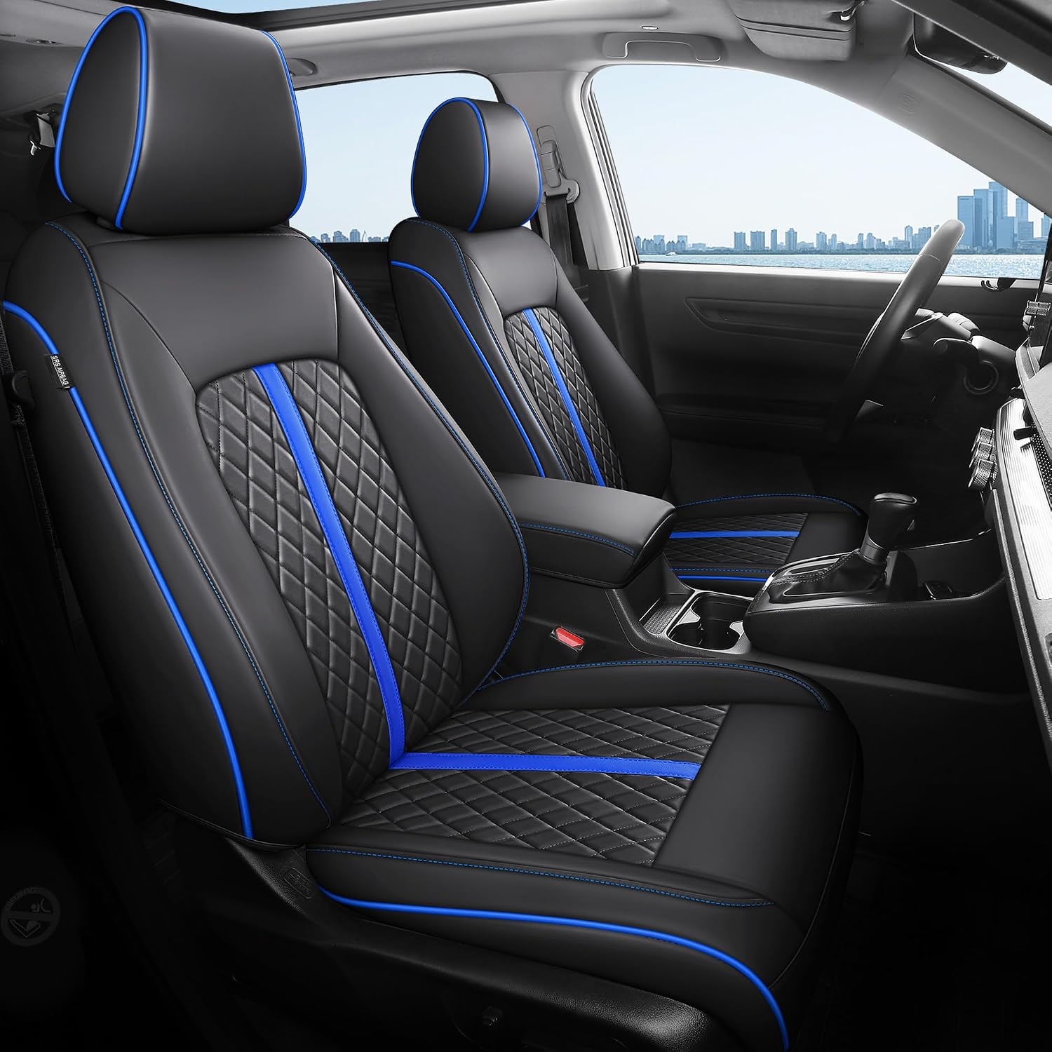 for Honda HRV Seat Covers 2016-2018 EX EX-L & 2016-2022 LX, Custom Fit Car Seat Cover Full Set, Luxury Leather HR-V Seat Protectors, Waterproof SUV Cushions Accessories, Black with Blue Trim