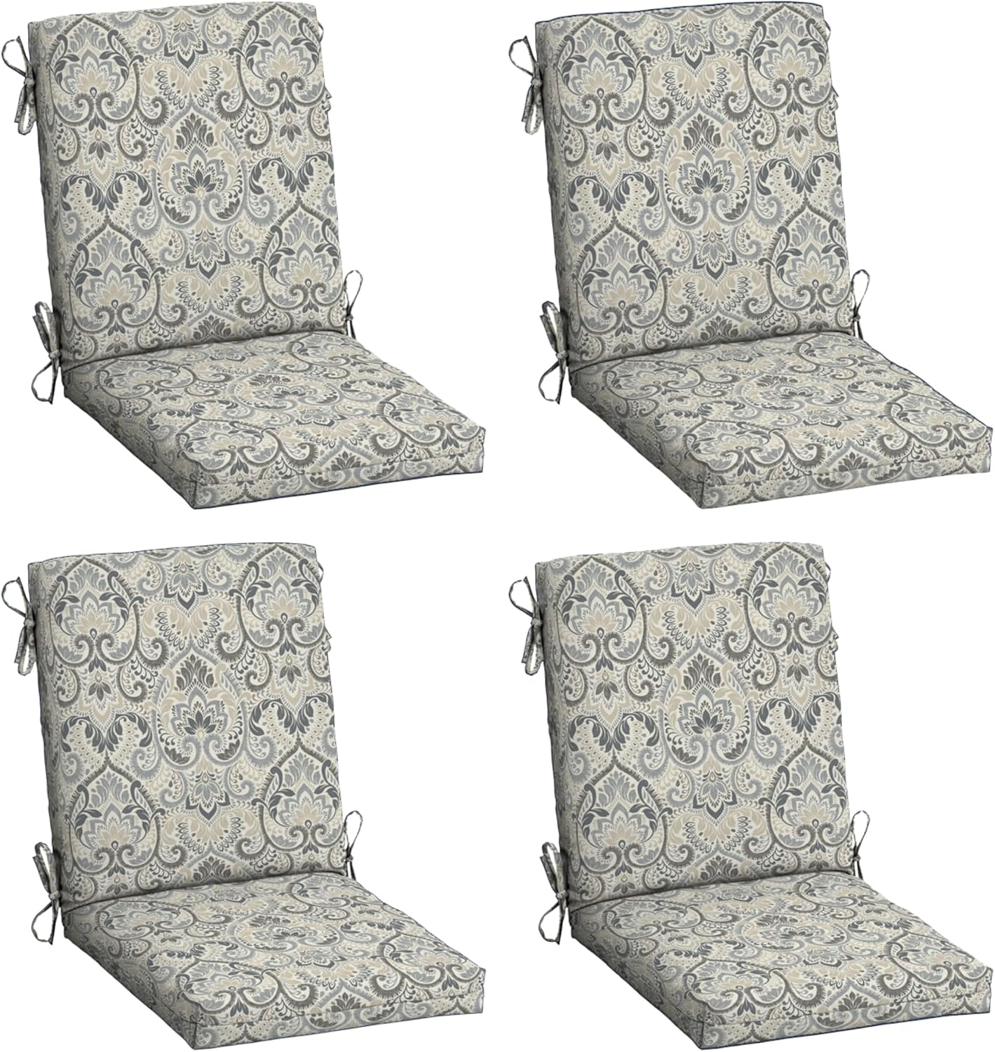 Arden 4-Pack Outdoor Patio Dining Chair Cushion, 20x44, Rain-Proof Seat Pad, Fade-Resistant Outdoor Cushion Neutral Aurora Damask