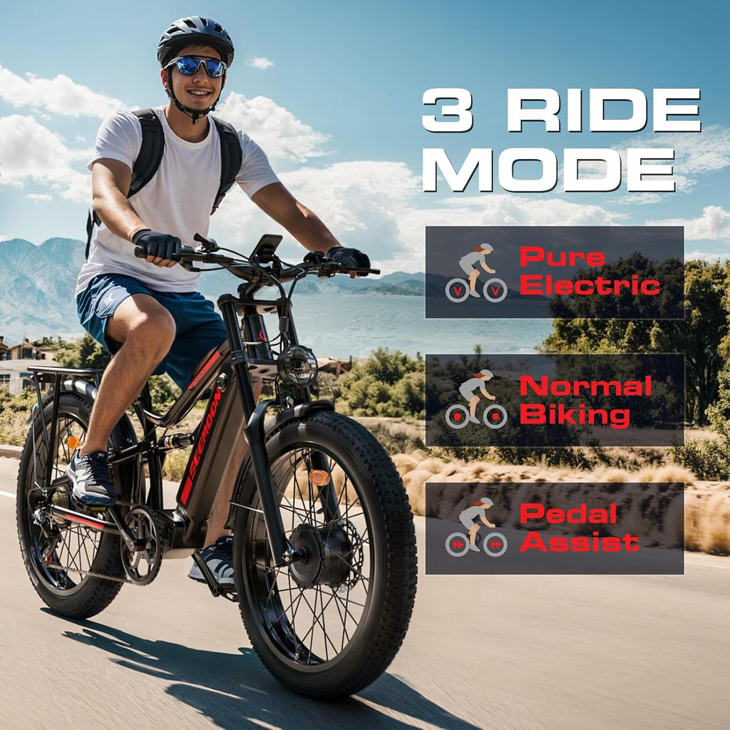 Seemoon 4000W Dual Motor Electric Bike for Adults,36 MPH Max up to100-Miles,52V 20Ah Battery & 160 Nm ,26' Fat Tire Mountain Ebike for Men Women,Full Suspension E-bike for Commuter Hunting Off-Road