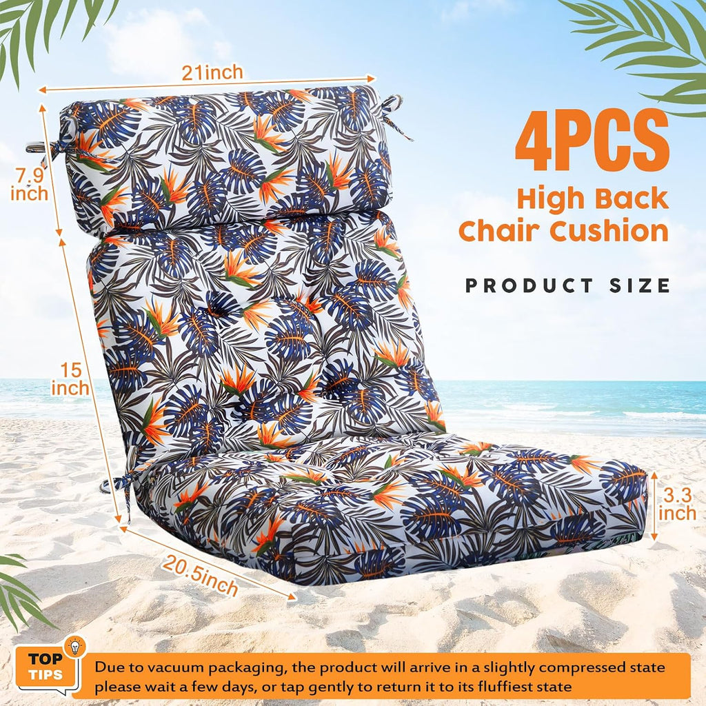 Barydat 4 Pcs Tufted High Back Chair Cushion Indoor Outdoor Seat and Back Cushions Palm Leaves Tropical Plants Lawn Rocking Chair Pads with Ties for Adirondack Patio Garden(Brown Blue)