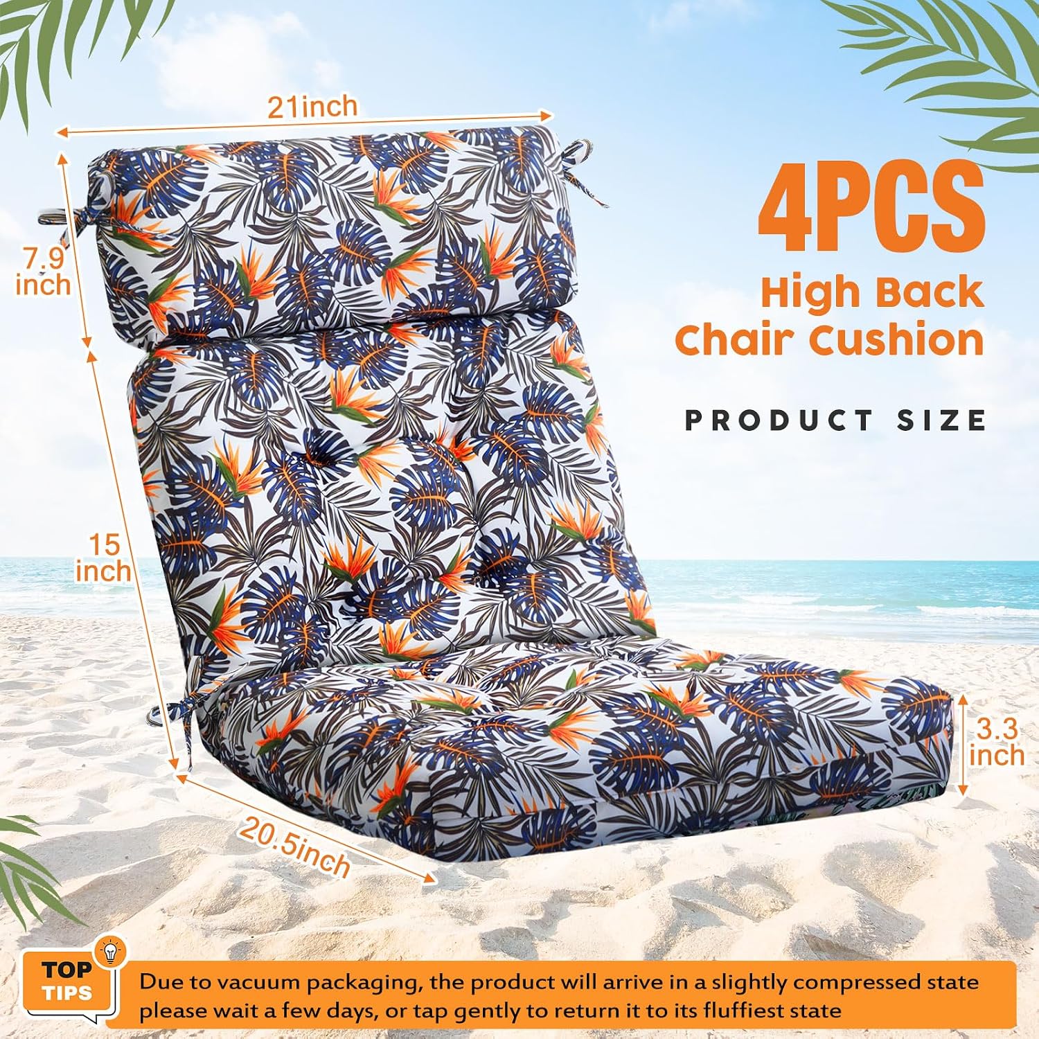 Barydat 4 Pcs Tufted High Back Chair Cushion Indoor Outdoor Seat and Back Cushions Palm Leaves Tropical Plants Lawn Rocking Chair Pads with Ties for Adirondack Patio Garden(Brown Blue)