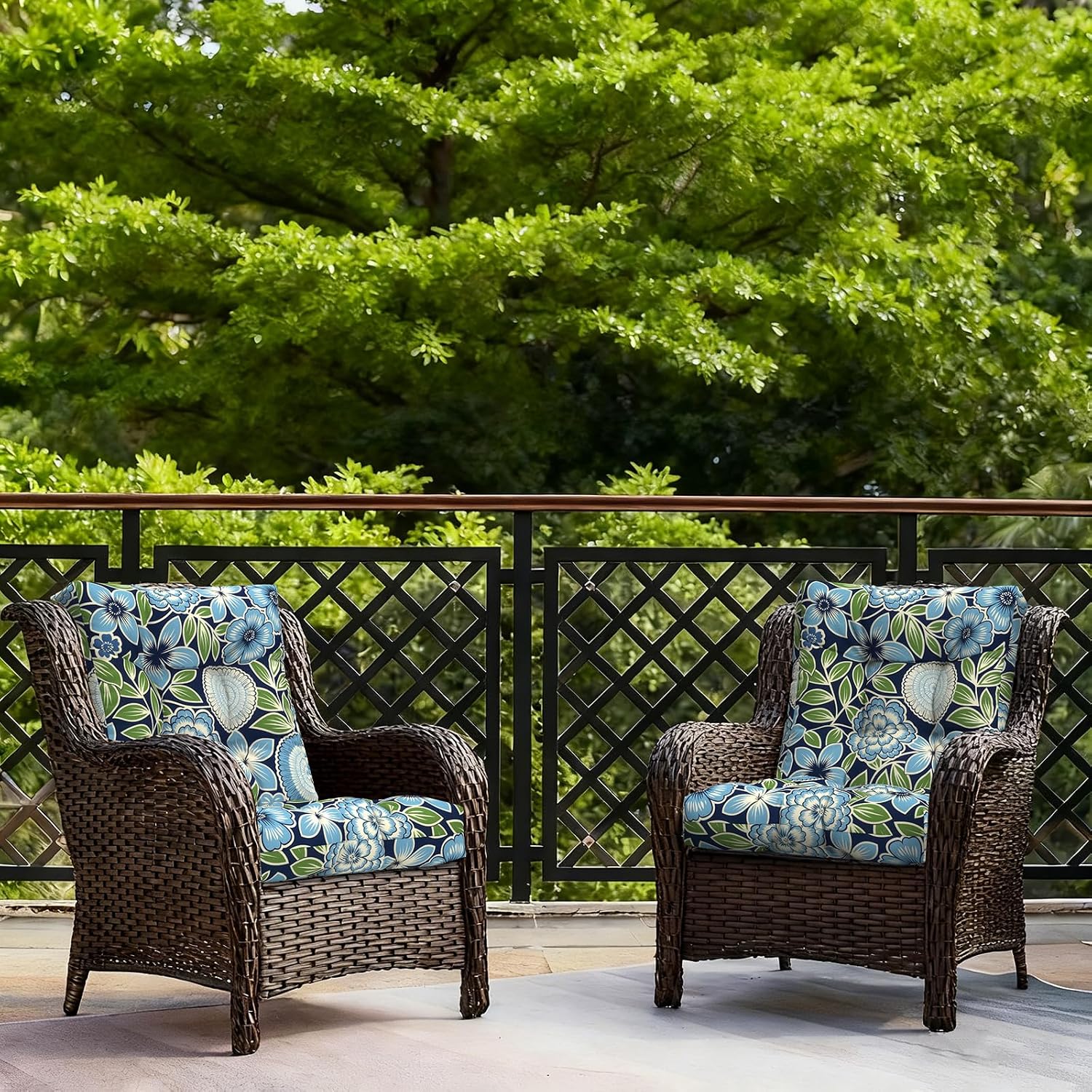 LVTXIII Outdoor Solid Low Back Cushion, Patio Tufted Replacement Rocking Chair Cushion with Ties, 2 Count Seat and Back Chair Cushions for Patio Furniture Use, 42 L x 21 W, Azure Botanical Symphony‌