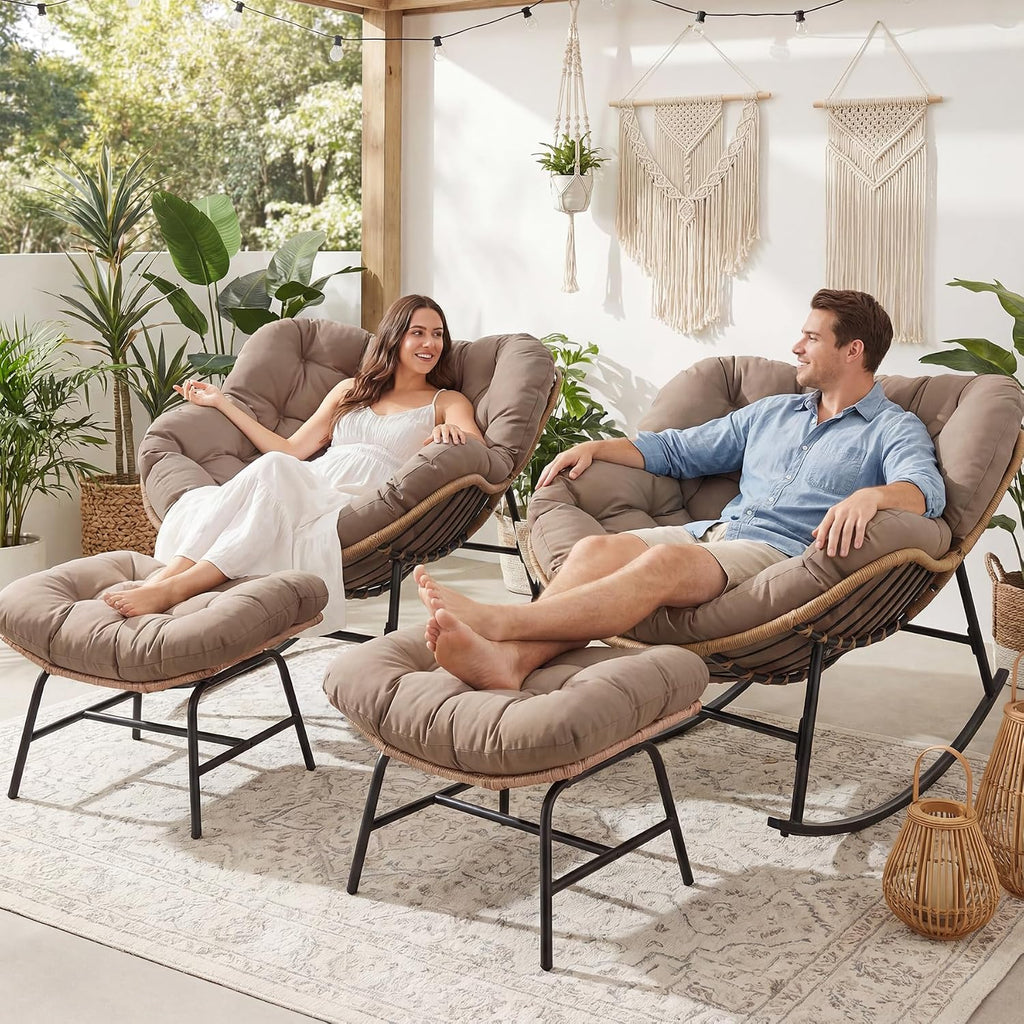 NICESOUL Patio Egg Rocking Chair Set of 2 with Cushions, Indoor Outdoor Oversized Papasan Rockers with Ottoman, 450Lbs Heavy Duty Double Recliner Glider Loung Chairs for Porch Balcony, Brown