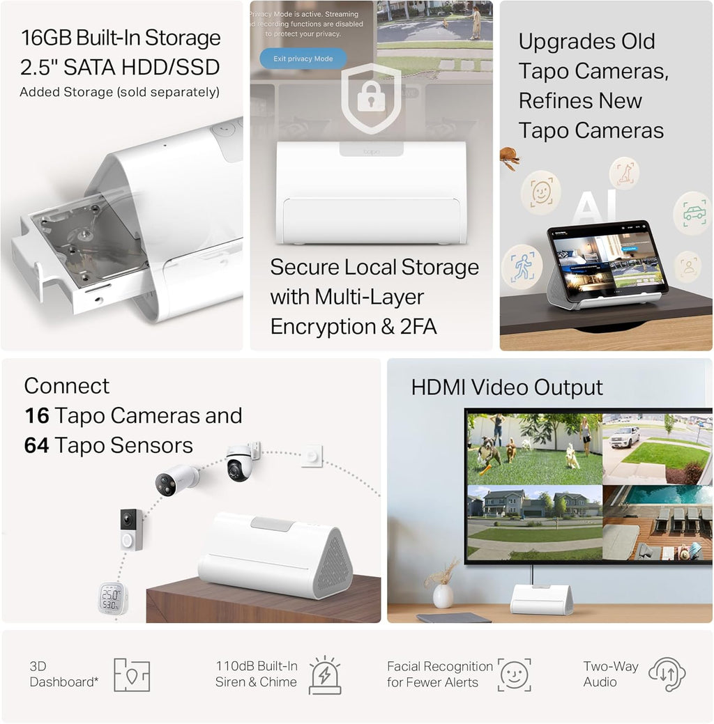 Tapo CentralHub for Smart Home Devices – Connect up to 16 Tapo Cameras & 64 Sub-G Sensors, 16GB Built-in Storage + 2.5'' SATA Expandable Storage Option, Improves Camera AI Accuracy - H500