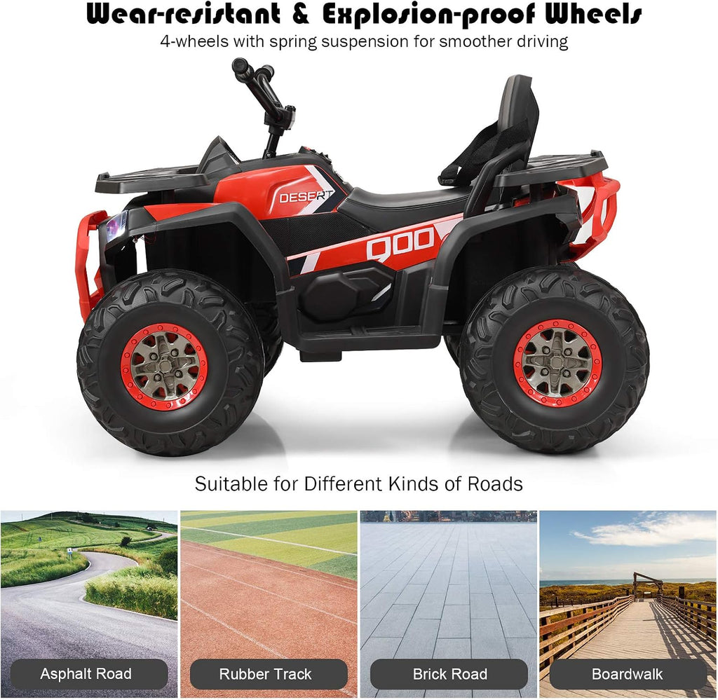 Costzon Kids ATV, 12V Battery Powered Electric Vehicle w/Safety Belt, LED Light, Music, Horn, 2 Speeds, USB/ MP3/TF, Treaded Tires, Ride on Car 4 Wheeler Quad for Boy & Girl Gift, Ride on ATV (Red)