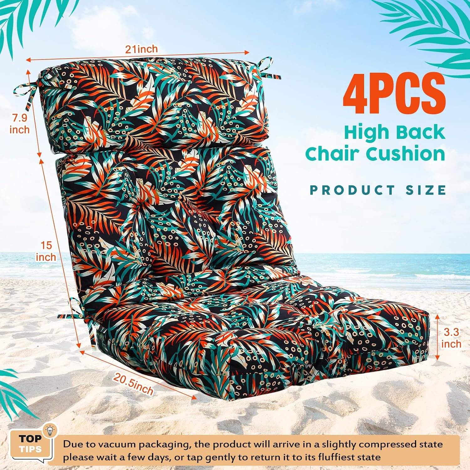 Barydat 4 Pcs Tufted High Back Chair Cushion Indoor Outdoor Seat and Back Cushions Palm Leaves Tropical Plants Lawn Rocking Chair Pads with Ties for Adirondack Patio Garden (Simple Style)