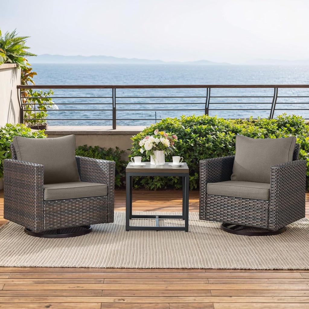 Luxury Outdoor Patio Swivel Rocker Chairs - 3 Piece Wicker Patio Furniture Bistro Swivel Rocking Chairs Set with Comfortable Cushions,Sturdy Metal Frame and Side Table for Porch Deck(Brown/Grey)