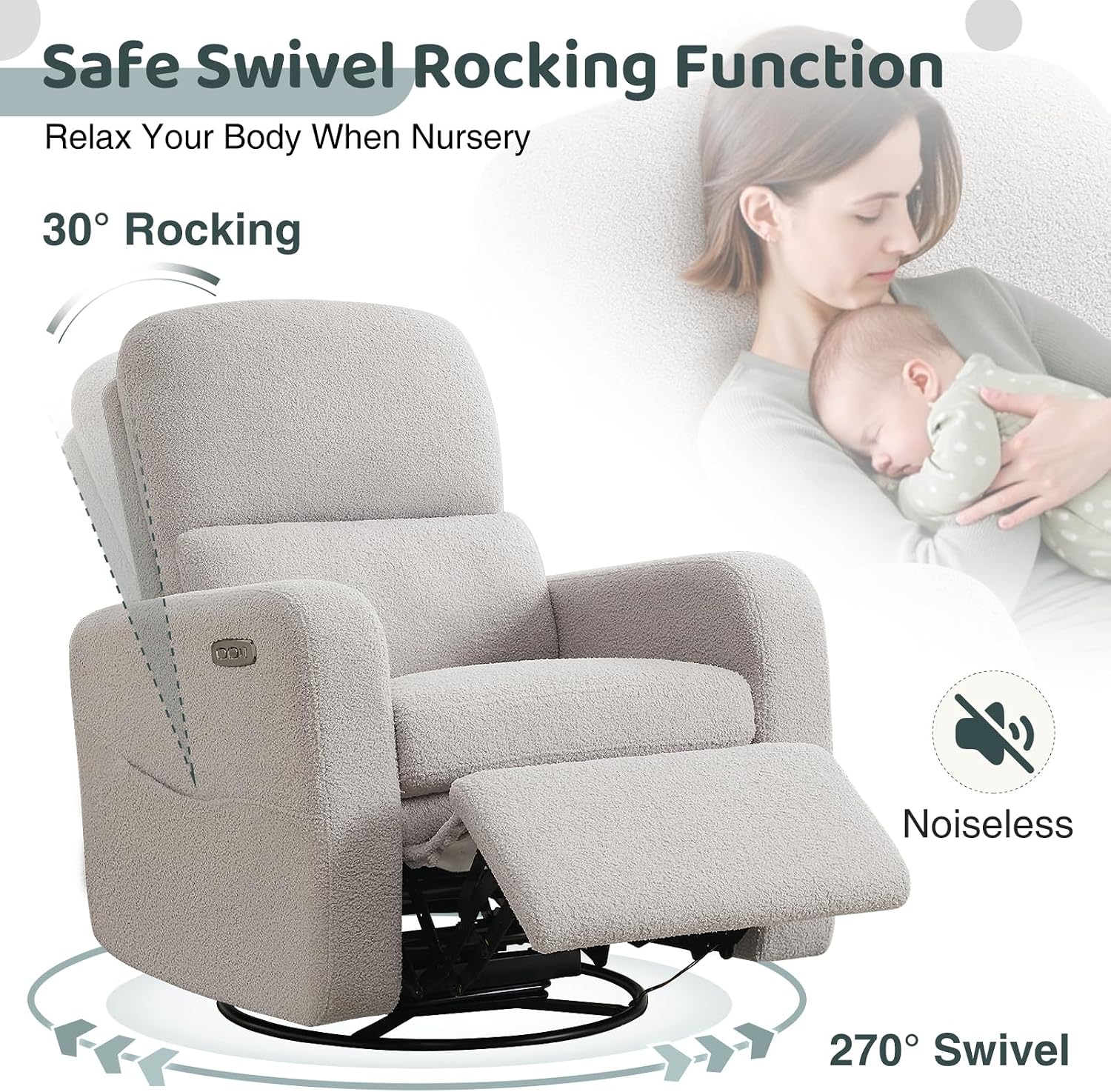 Swivel Rocker Recliner, Power Recliner Glider with Removable Cushion, Oversized Upholstered Boucle Swivel Reclining Nursery Chairs for Living Room Bedroom, Teddy Grey