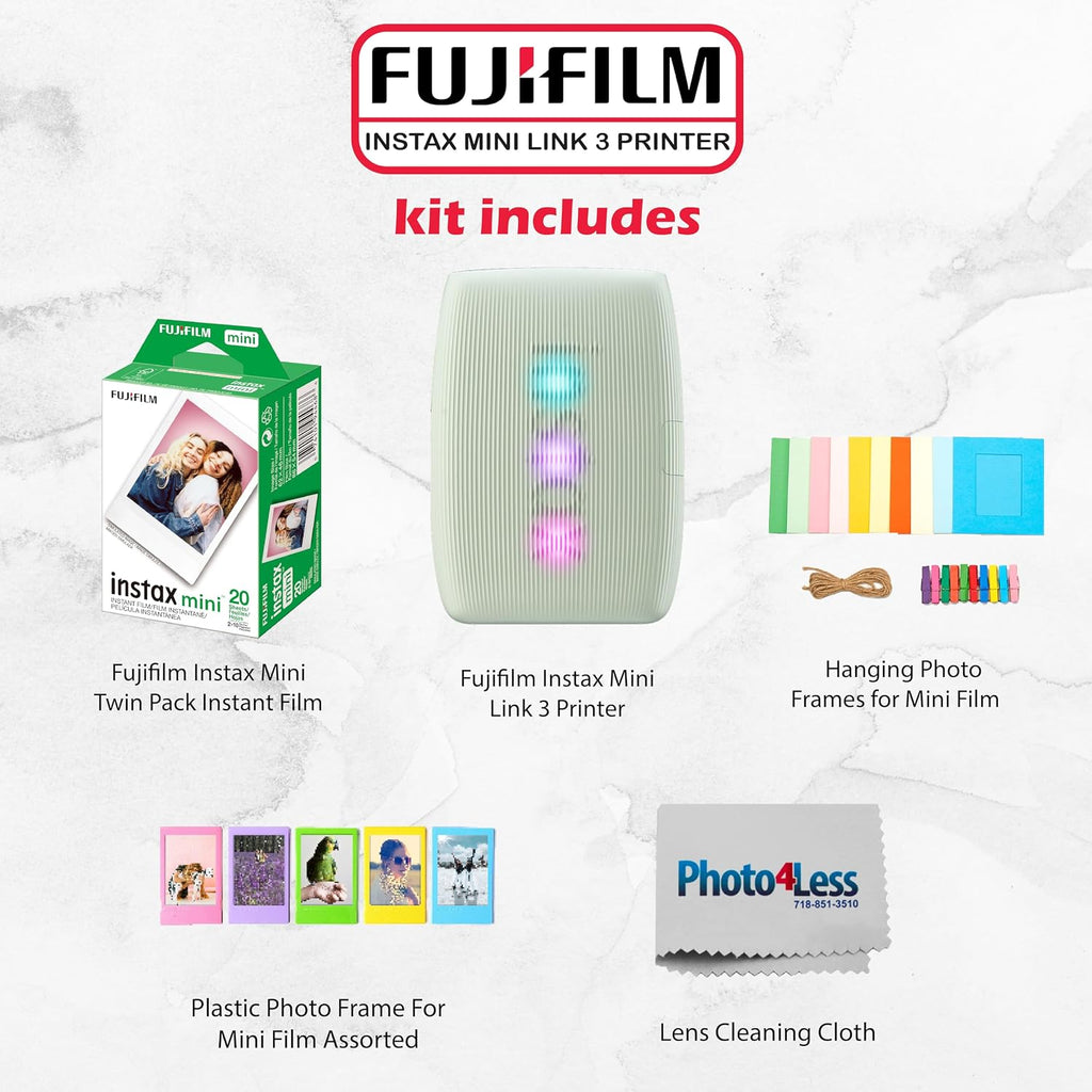 FUJIFILM Instax Mini Link 3 Smartphone Printer Bundle with Fujifilm Instant Mini Film (20 Sheets), Hanging Photo Frames, Table top Photo Frame for Mini Film (Sage Green)