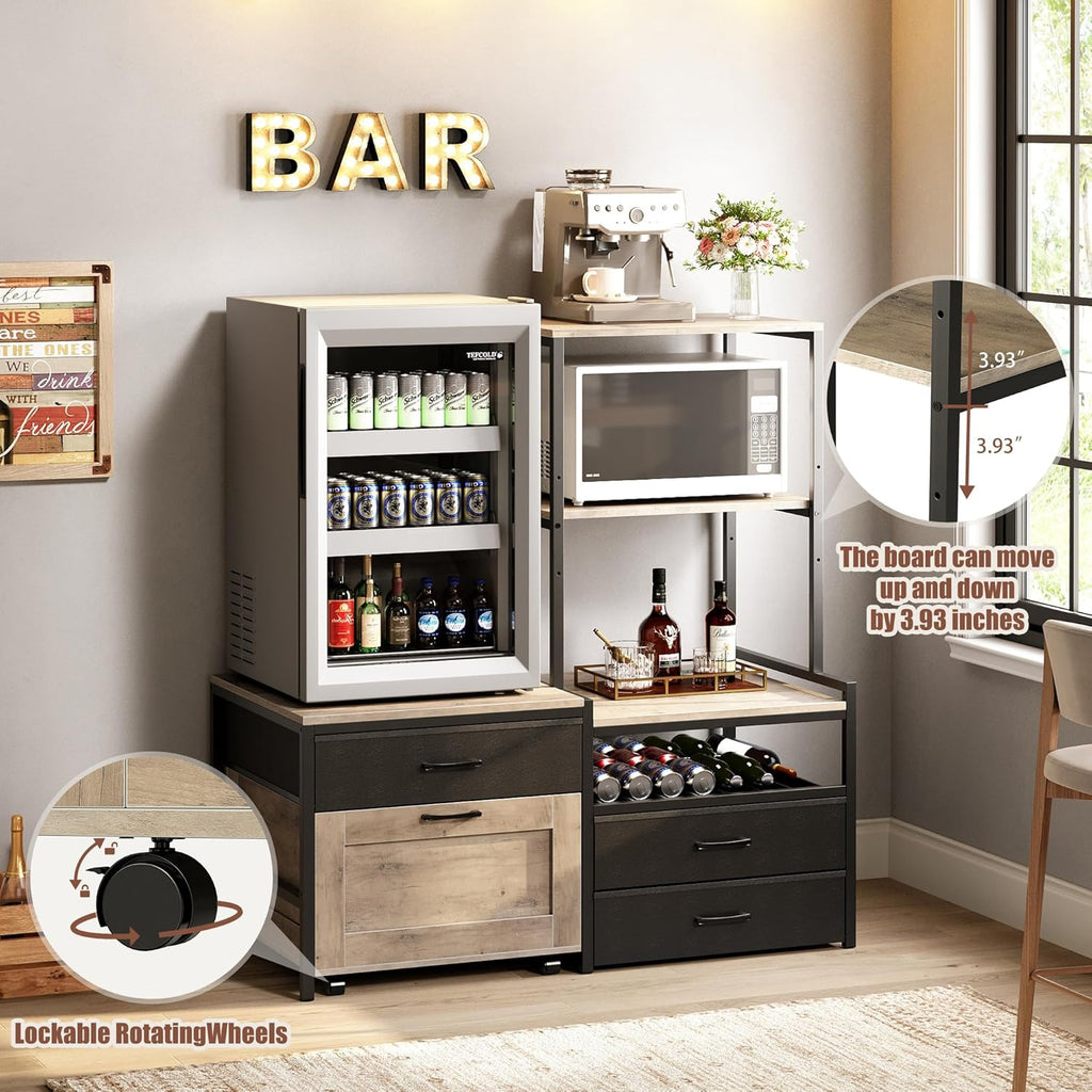 Herture Mini Fridge Stand with Wine Rack, Kitchen Bakers Rack with Power Outlet, Microwave Oven Stand, Coffee Bar, Movable Drawers, for Dorm,Office, Grey HB04BXZ
