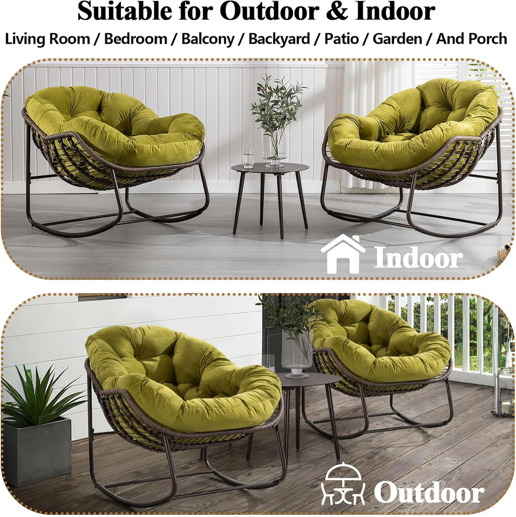 HRVEOCEI Papasan Rocking Chair with Cushion and Frame, Oversized Rocking Chair Indoor/Outdoor, Circle Chairs for Patio Garden Front Porch, Corduroy/Velvet (Olive)
