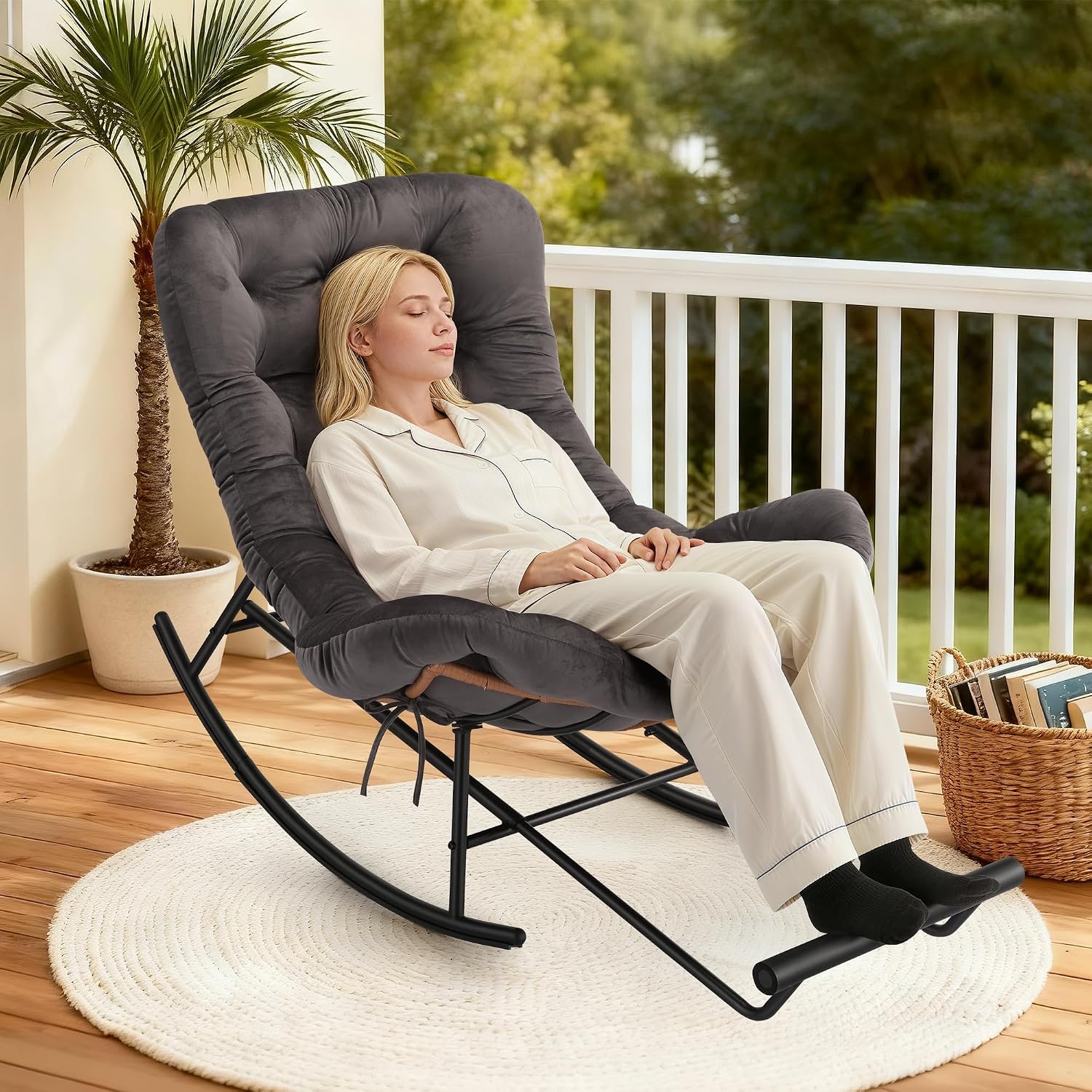 Takywep Rocking Chair - Oversized Outdoor Rocking Chairs with Footrest, Indoor Papasan Rocker Egg Chair for Bedroom, Living Room, Porch, Garden, Lawn (Dark Grey-Flannel)
