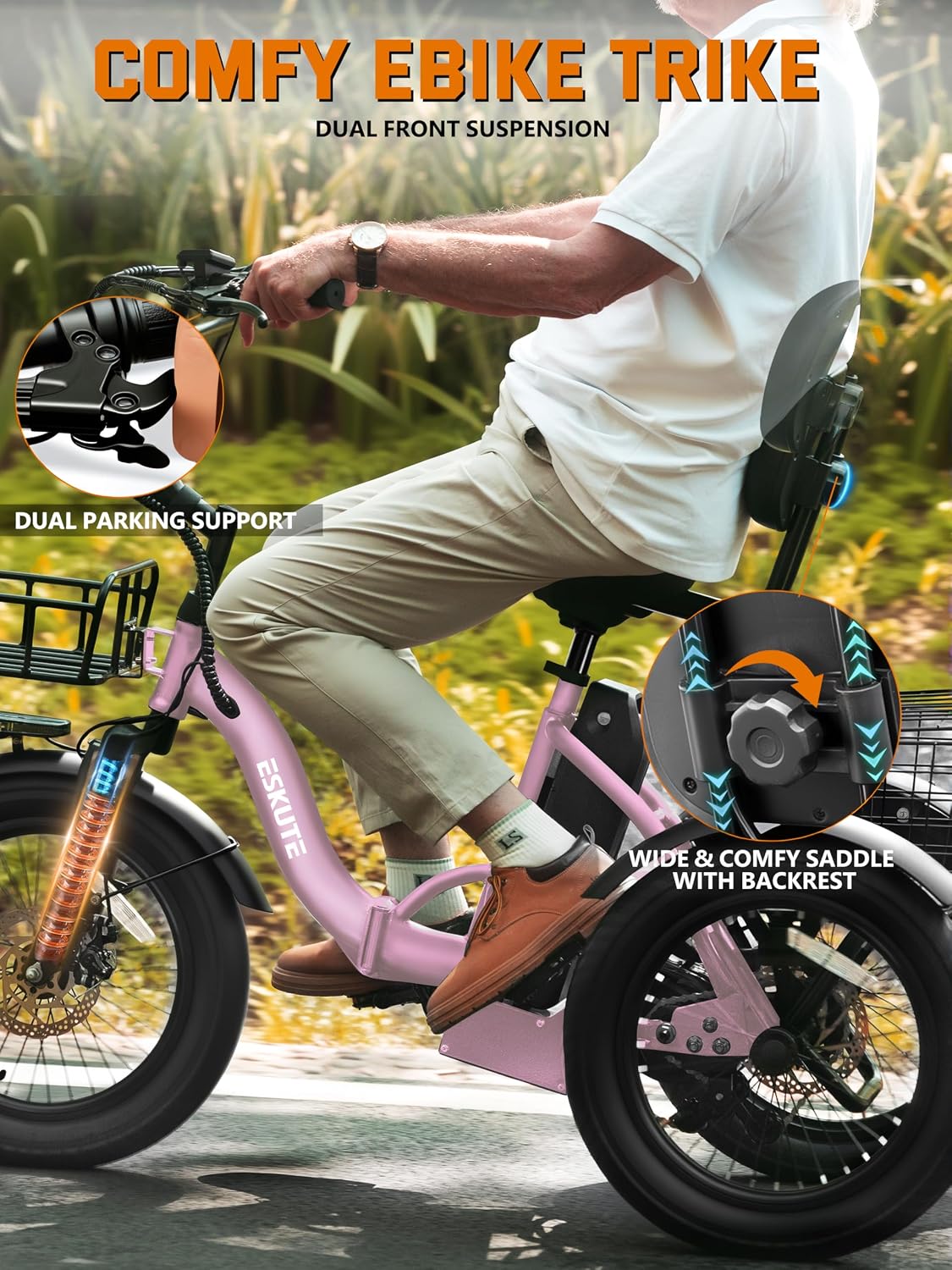 ESKUTE E Trike Electric Bike, Peak 1200W Brushless Motor Folding Trike 18X3.0 Fat Tire Ebike, 624Wh Removable Battery, Step-Thru 3 Wheel Electric Bicycle, Up to 55 Miles, 18MPH+ Tricycle for Adults