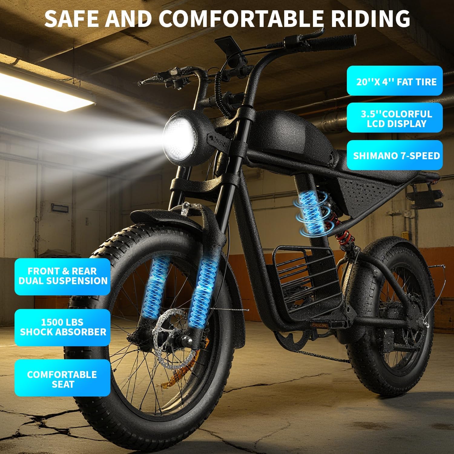 Electric Bike for Adults 48V 20AH Power 1500W Peak 35MPH Max 60 Miles Electric Motorcycle 20' Fat Tire Dirt Bike Shamano 7-Speed E-Bike for All Terrain Dirt Bike