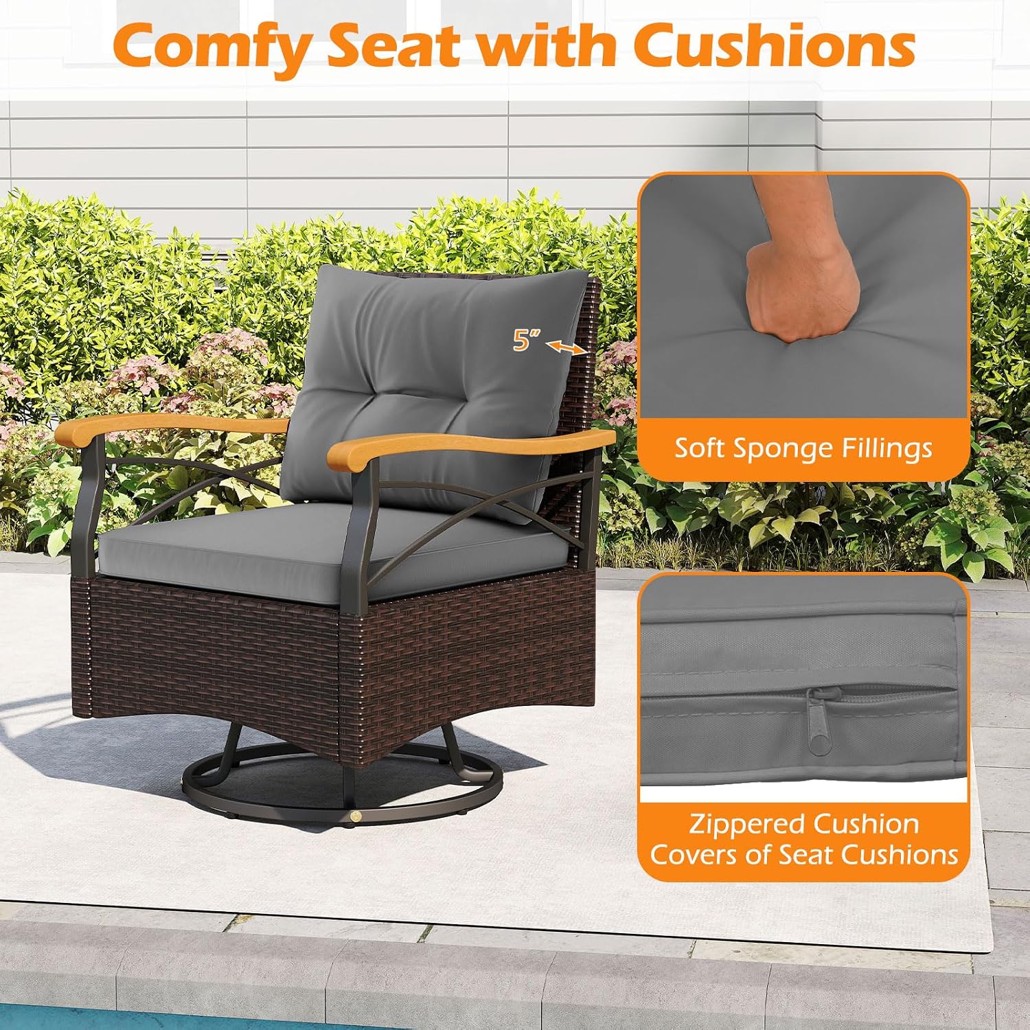 Tangkula 3 Piece Outdoor Swivel Chair Set, Patio Wicker Rotating Cushioned Chairs with 2-Tier Tempered Glass Side Table, for Porch, Yard, Balcony, Garden