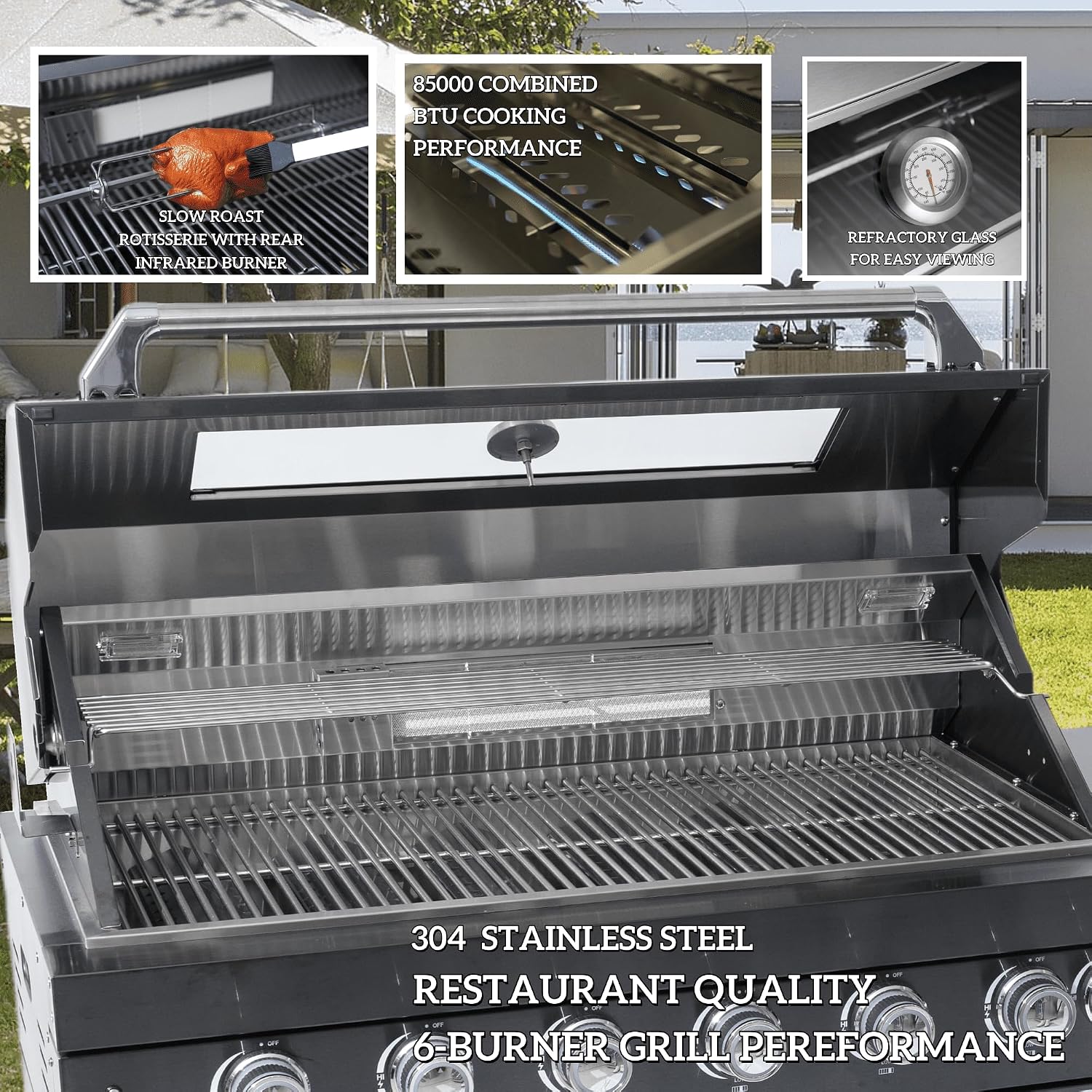 REDNGO 108-Inch 6-Burner 85000 BTU Stainless Steel Propane Gas Grill Outdoor Kitchen Island with Canopy,648Sq.In Cooking Area,Wine Cooler,Refrigerator,Rotisserie,for Backyard BBQ,Black