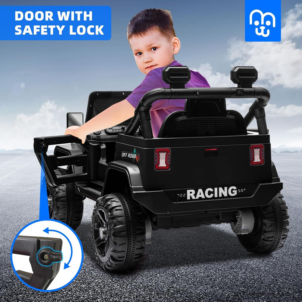 MINIATURE MOTORS 12V Kids Electric Ride on Truck Car Remote Control, Twin 35W Motors 3.5MPH Max Speed, Bluetooth Music Player, 4 Wheels Suspension LED Lights Safety Belt, Gift for Boys & Girls-Black