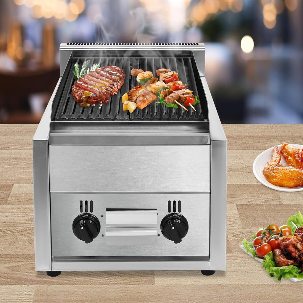 Commercial Gas Grill, 2-Burner Gas Grill with Oil Catch Tray Heavy Duty Stainless Steel Professional Adjustable Temperature Outdoor BBQ Tabletop Grill for Outdoor Cooking Restaurant Home