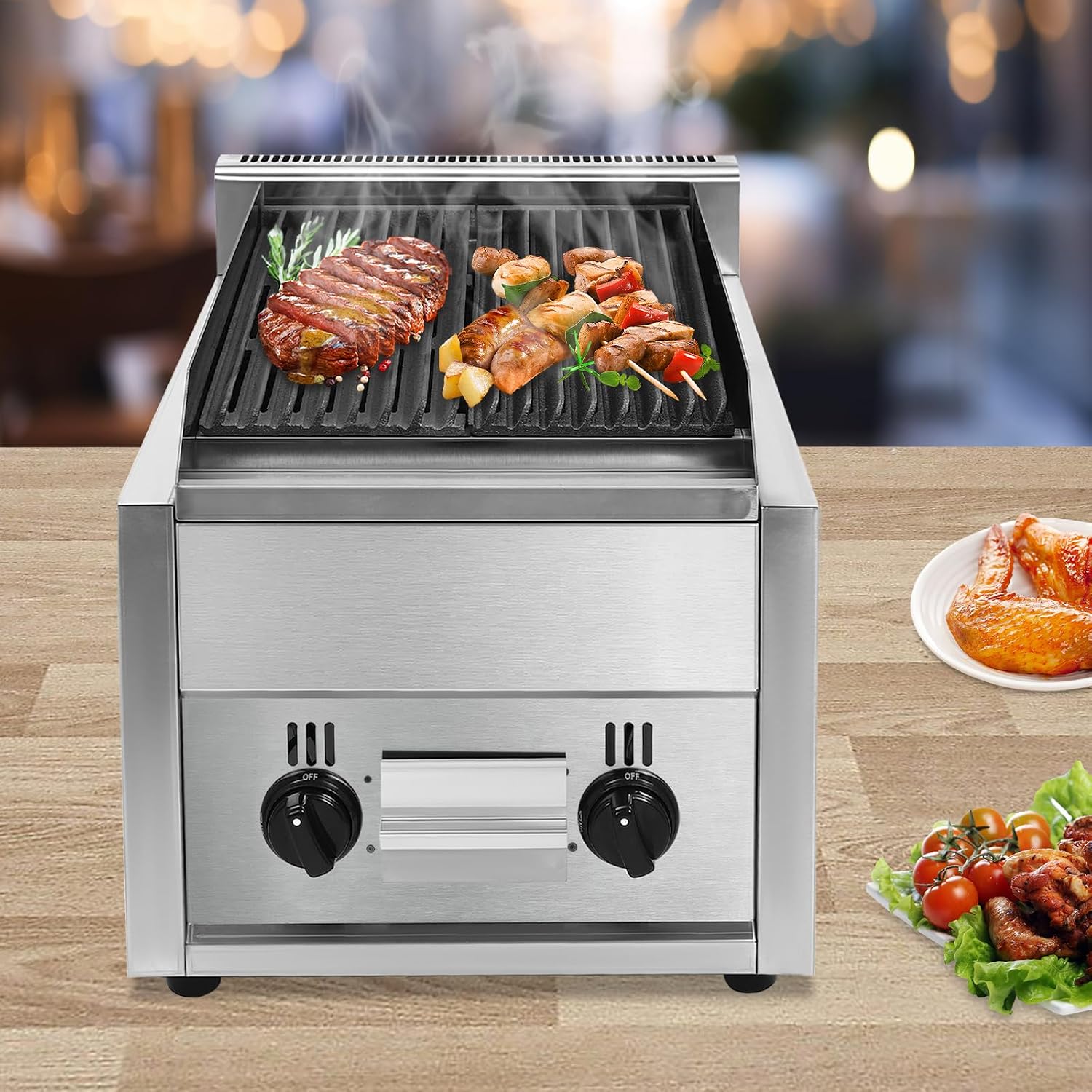 Commercial Gas Grill, 2-Burner Gas Grill with Oil Catch Tray Heavy Duty Stainless Steel Professional Adjustable Temperature Outdoor BBQ Tabletop Grill for Outdoor Cooking Restaurant Home