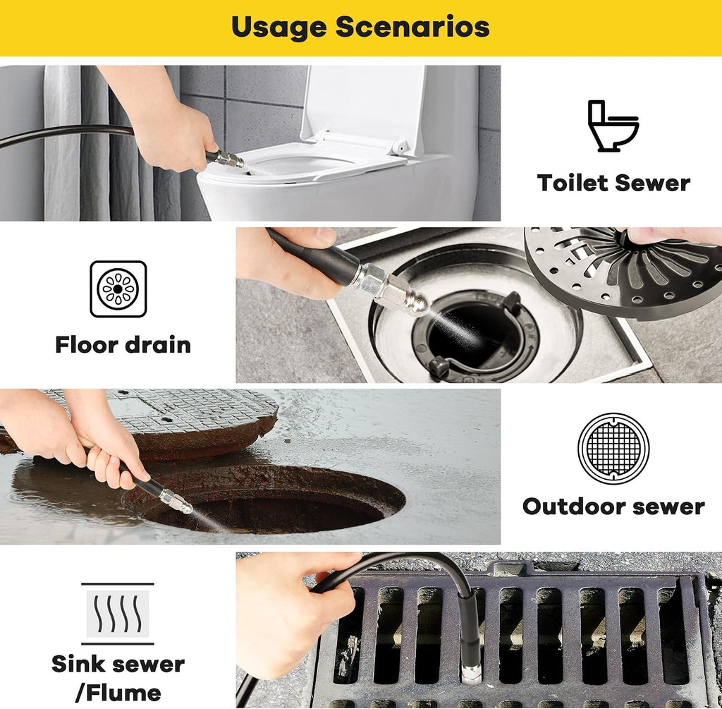 Pressure Washer Drain Jetter – Sewer Jetter Kit for Pressure Washer 200ft 1/4 Inch NPT Hose Nozzles and Adapter 5800PSI Clears Clogs in Pipes & Sewer Lines