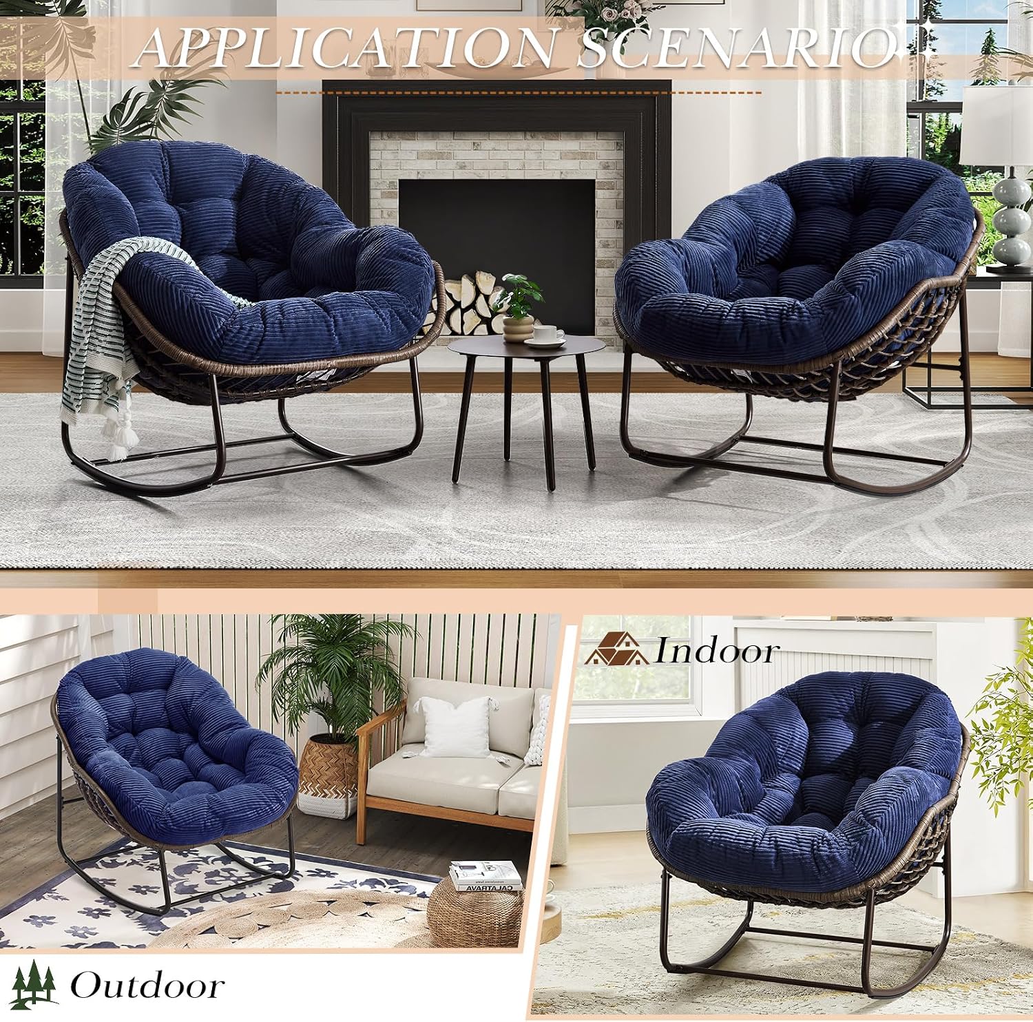Outdoor Indoor Rocking Chair with Padded Cushion, Oversized Patio Papasan Rocking Egg Chair, All Weather Wicker Egg Rocking Chair, Comfy Large Rattan Rocker Lounge Chair for Front Porch,Garden, Patio