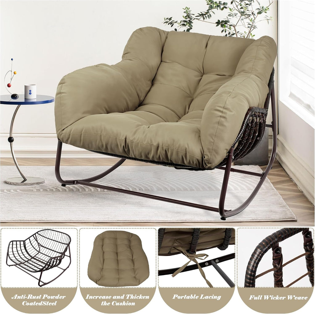 Outdoor Papasan Rocking Chair, Oversized Patio Rocking Chairs with Padded Cushion& Pillow-Comfortable Rocker Egg Chair for Front Porch, Garden, Patio, Backyard,2PC,Khaki