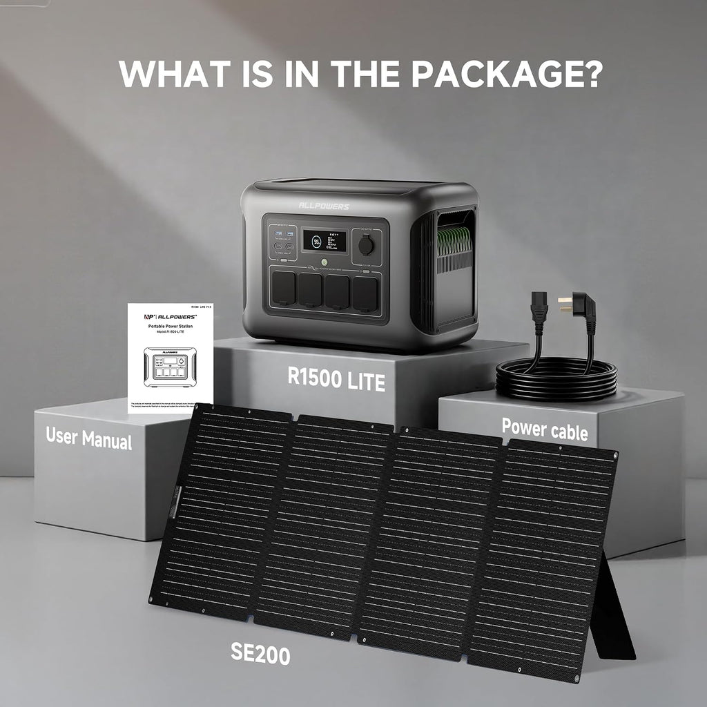 ALLPOWERS Solar Generator R1500 LITE with 200W Foldable Solar Panel,1056Wh Portable Power Station LiFePO4 (LFP) Battery,1600W AC/100W USB-C Output for Outdoor Camping,Travel,Hunting,and Power Outages