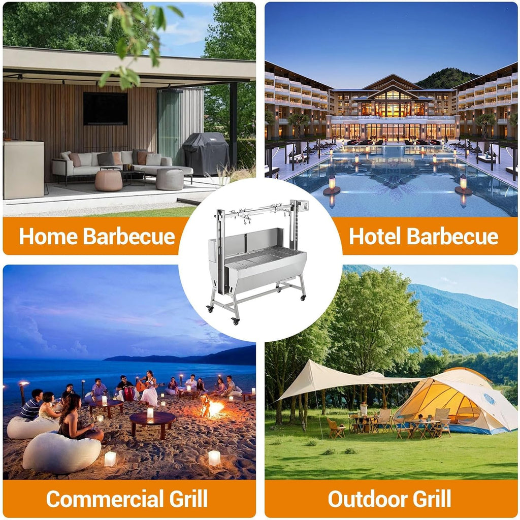 Rotisserie Grill With Windscreen Electric BBQ Whole Pig Lamb Spit Grill Stainless Steel Rotisserie Roaster w/ 50W 132 Lbs Capacity Electric Motor Roaster With Lockable Wheels 44.17x17.32x40.17 Inch