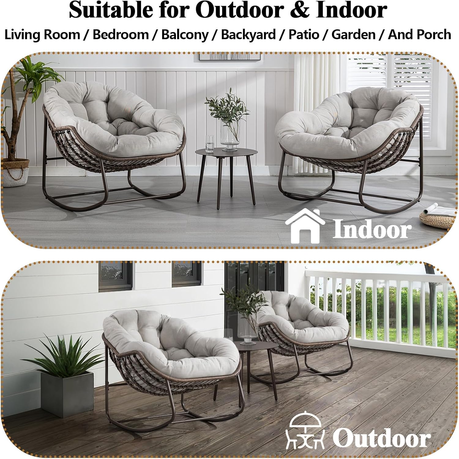 HRVEOCEI Papasan Rocking Chair with Cushion and Frame, Oversized Rocking Chair Indoor/Outdoor, Circle Chairs for Patio Garden Front Porch, Corduroy/Velvet (Beige)