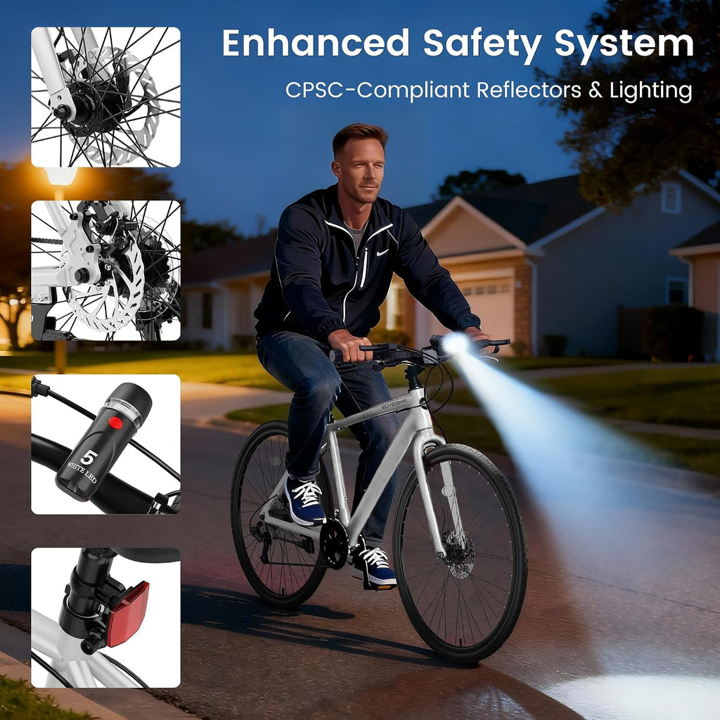 MOONCOOL Hybrid Bike for Men, 700C Aluminum 29LB Ultra-Light 8 Speed Commuter Bike, 350lb Loading, 29' Urban Bicycle, Dual Disc Brakes, for Tall Men&Women, 85% Pre-Assembled