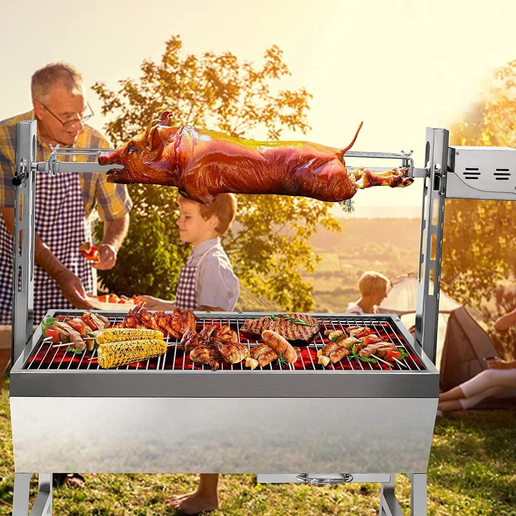 Stainless Steel Small Pig Whole Lamb Rotisserie Grill with Wind Deflector, 25W Motor Rotisserie Roaster, 40kg BBQ Charcoal Rotisserie Roaster Grill for Camping Outdoor Kitchen