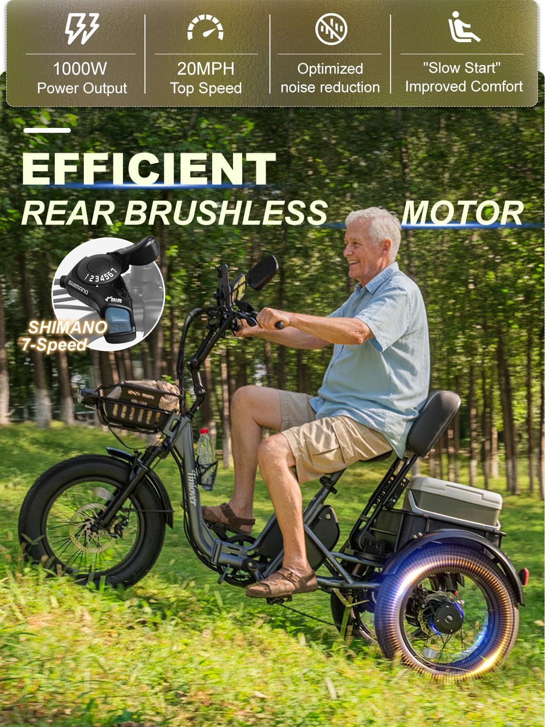 Folding Electric Tricycle for Adults 2 Seater, 20MPH 100 Miles 4' Wide Fat Tire Electric Trike, 3 Wheel Electric Bike 1200W, 48V 20AH Battery, 550LBS Load, Reverse, Parking, Differential, UL Certified