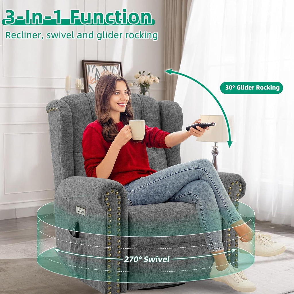VIVIJASON Power Swivel Rocking Recliner Chair with Massage & Heat, Electric Rocker Glider Chair for Nursery, Wingback Tufted Upholstered Recliner W/Type-C & USB Ports for Living Room, Bedroom, Grey