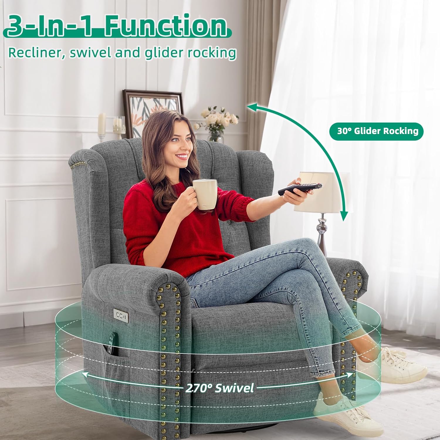 VIVIJASON Power Swivel Rocking Recliner Chair with Massage & Heat, Electric Rocker Glider Chair for Nursery, Wingback Tufted Upholstered Recliner W/Type-C & USB Ports for Living Room, Bedroom, Grey