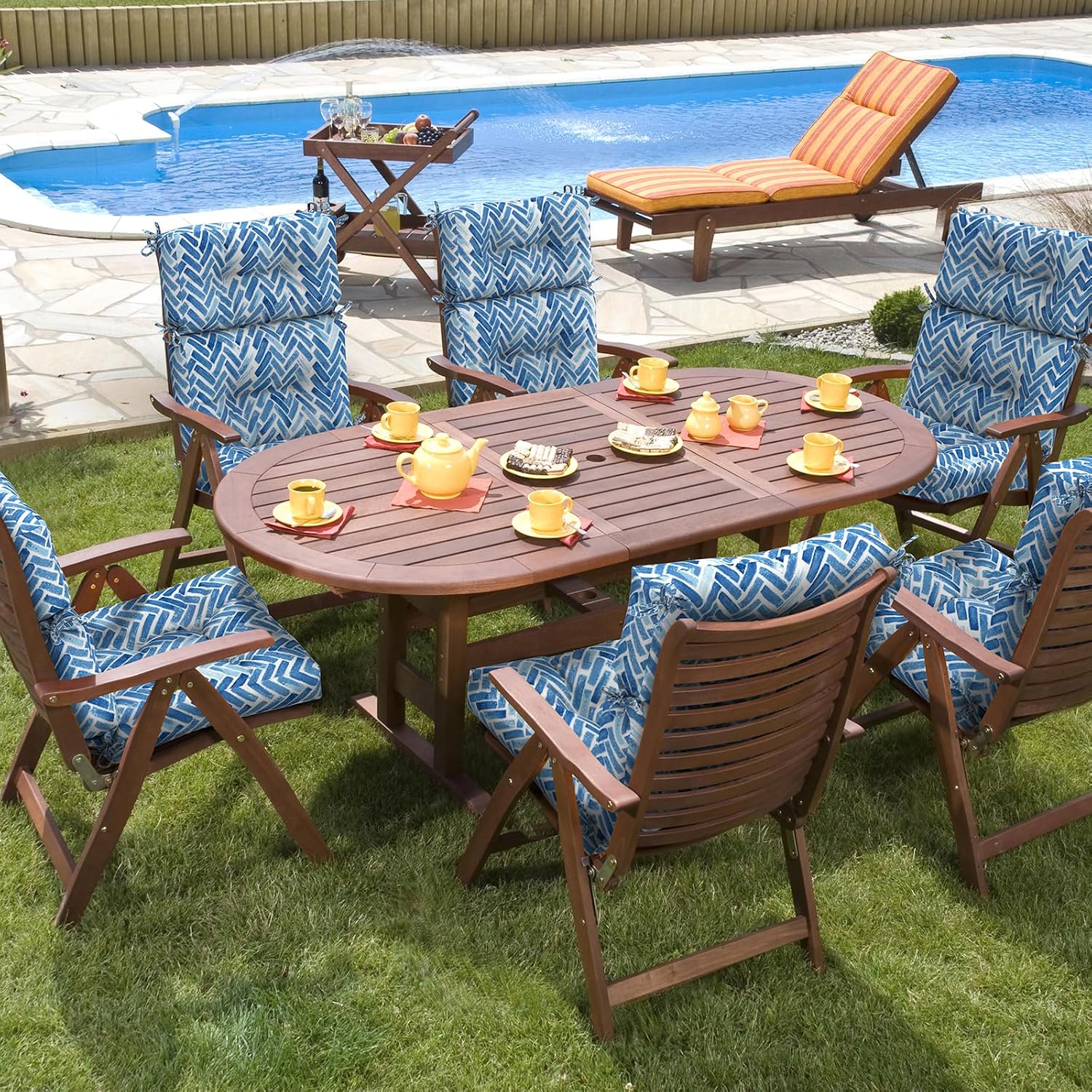 DYTXIII Outdoor High Back Chair Cushions Set of 2, Water Repellent Tufted Rocking Seat Cushions Replacement 44 x 22 Inch, Seat & Back Chair Pads for Patio, Balcony and Indoor Use -Blue Bricks