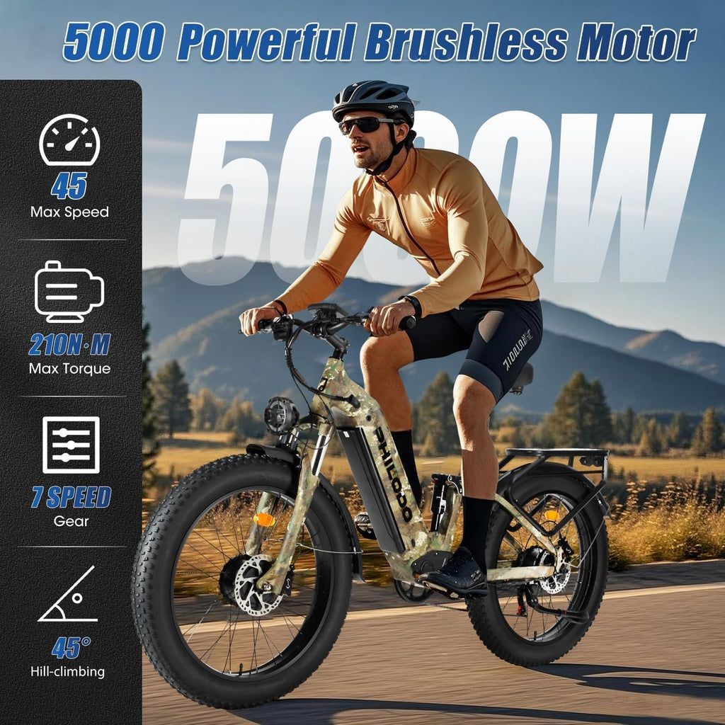 Falcon 60V 32AH Off-Road Electric Bike - 5000W Dual Motor Hunting Ebike, Fat Tire Full Suspension Dirt Bike for Adults, Long Range Snow/Sand Electric Bicycle