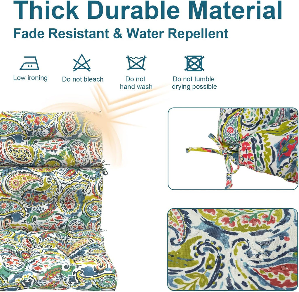 DYTXIII Outdoor High Back Chair Cushions Set of 2, Water Repellent Tufted Rocking Seat Cushions Replacement 44 x 22 Inch, Seat & Back Chair Pads for Patio, Balcony and Indoor Use -Paisley Paradise
