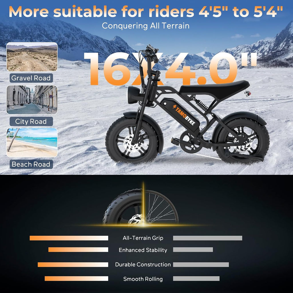 Tamobyke T16 Electric Bike for Teens & Childs, 1000W Motor 48V15.6Ah Removable Battery, 30MPH Off-Road Electric Bicycle,16'Fat Tire Ebike for Kids, 7-Speed,Dual Hydraulic Brakes, Fits Riders 5'0'-5'7'