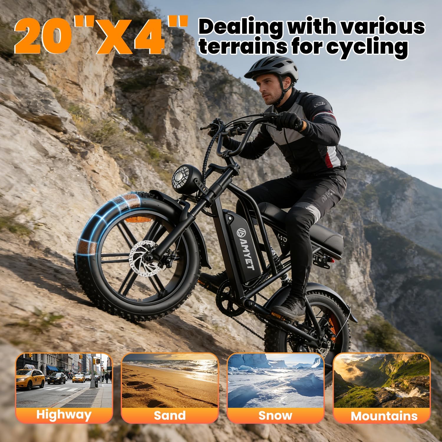AMYET V9-G60 Electric Bike for Adults, 48V 20Ah(960WH) Ebike with Removable Battery, 20' Fat Tire E Dirt Bike,Dual Shock Absorber, Adults Electric Bike with UL 2849 Certificaed