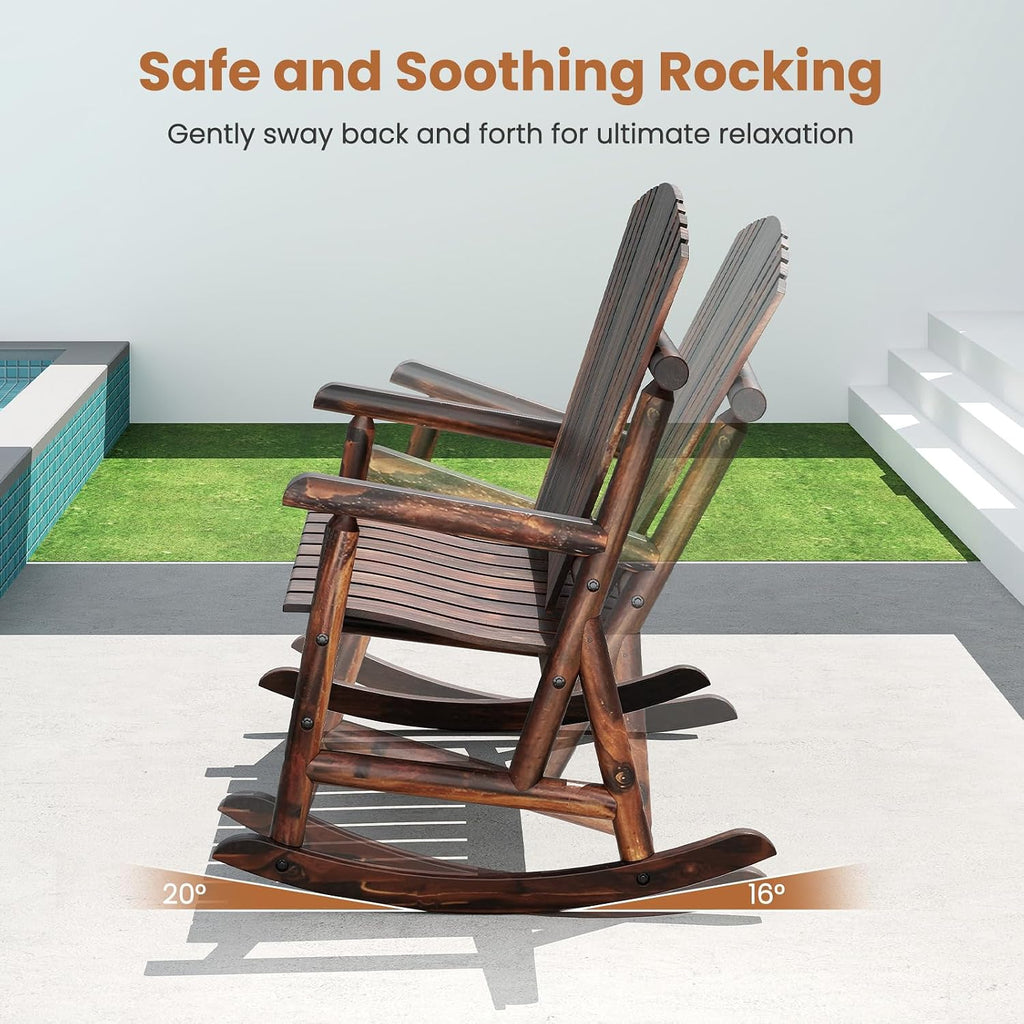 Giantex Outdoor Wooden Rocking Bench, 2-Person Adirondack Porch Rocker Chair with High Back and Slatted Seat, Rustic Log Loveseat for Front Porch Patio, Backyard, Garden, Brown, 51'x38'x46'