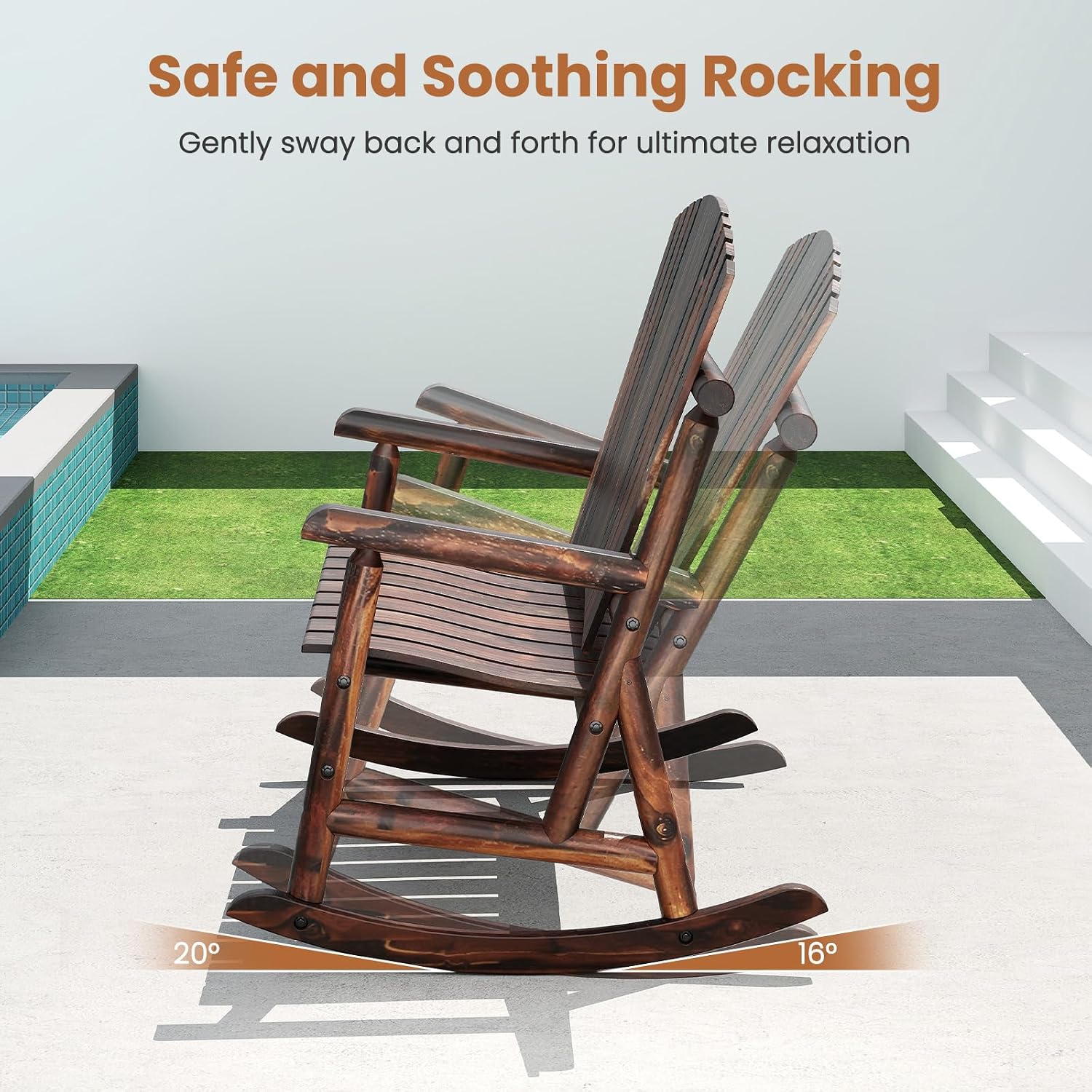Giantex Outdoor Wooden Rocking Bench, 2-Person Adirondack Porch Rocker Chair with High Back and Slatted Seat, Rustic Log Loveseat for Front Porch Patio, Backyard, Garden, Brown, 51'x38'x46'