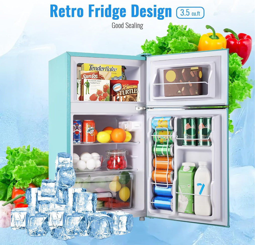 WANAI 3.5 Cu.ft Retro Mini Fridge with Freezer Small Retro Dual Door Refrigerator Freestanding Compact Refrigerator with Freezer 2 Door Mini Fridge for Bedroom, Dorm, Office Blue