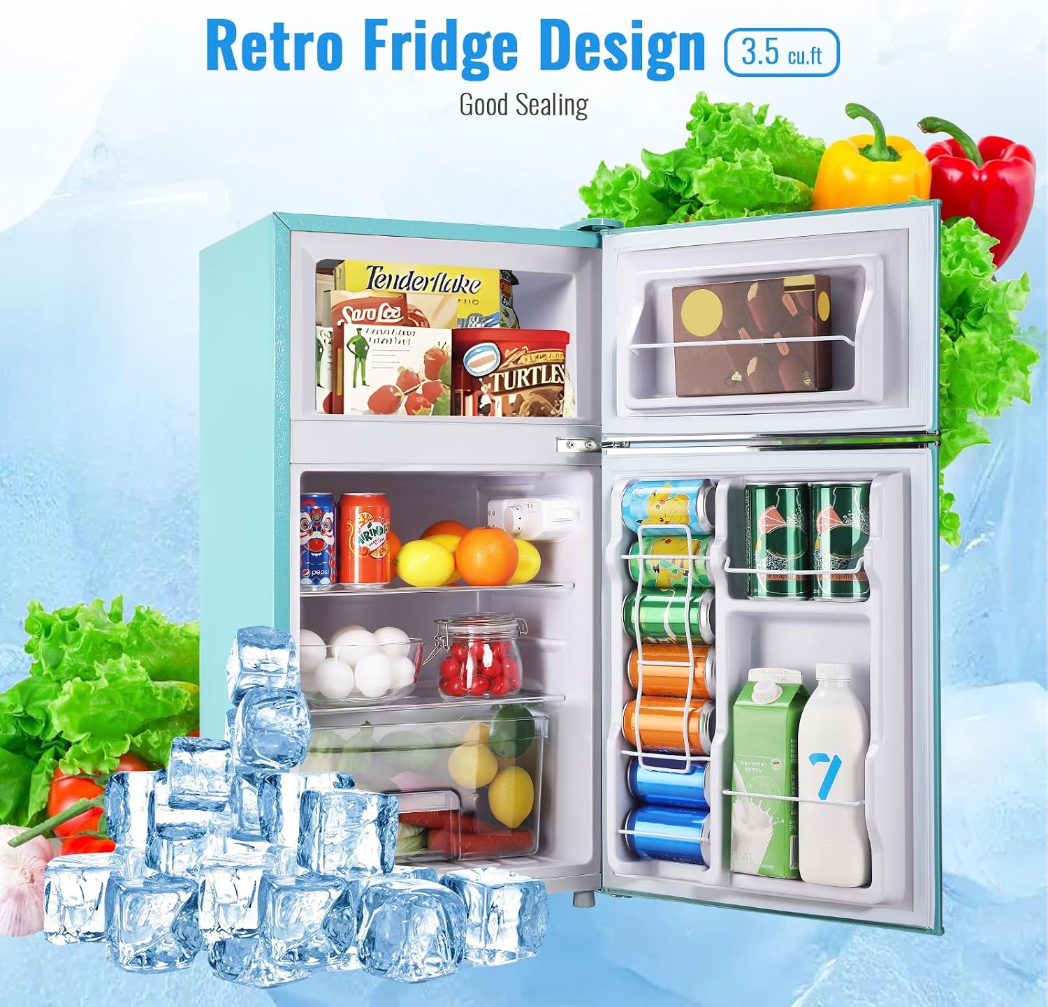 WANAI 3.5 Cu.ft Retro Mini Fridge with Freezer Small Retro Dual Door Refrigerator Freestanding Compact Refrigerator with Freezer 2 Door Mini Fridge for Bedroom, Dorm, Office Blue