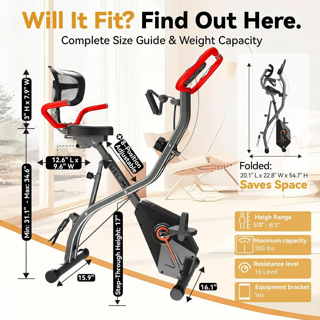 USLIM Foldable Exercise Bike Stationary Bikes for Home, 5 IN 1 Indoor Workout Bike, Cycling Bike with 16-Level Quiet Magnetic Resistance, 6.6 LBS Flywheel and 300LBS Capacity for Senior and Home Workout