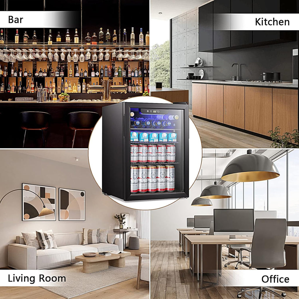 Antarctic Star 2.6cu.ft Mini Fridge 100 Can Beverage Refrigerator Wine Cooler/Cabinet Small Beer Soda Glass Door Counter Top Bar Fridge Freestanding Black