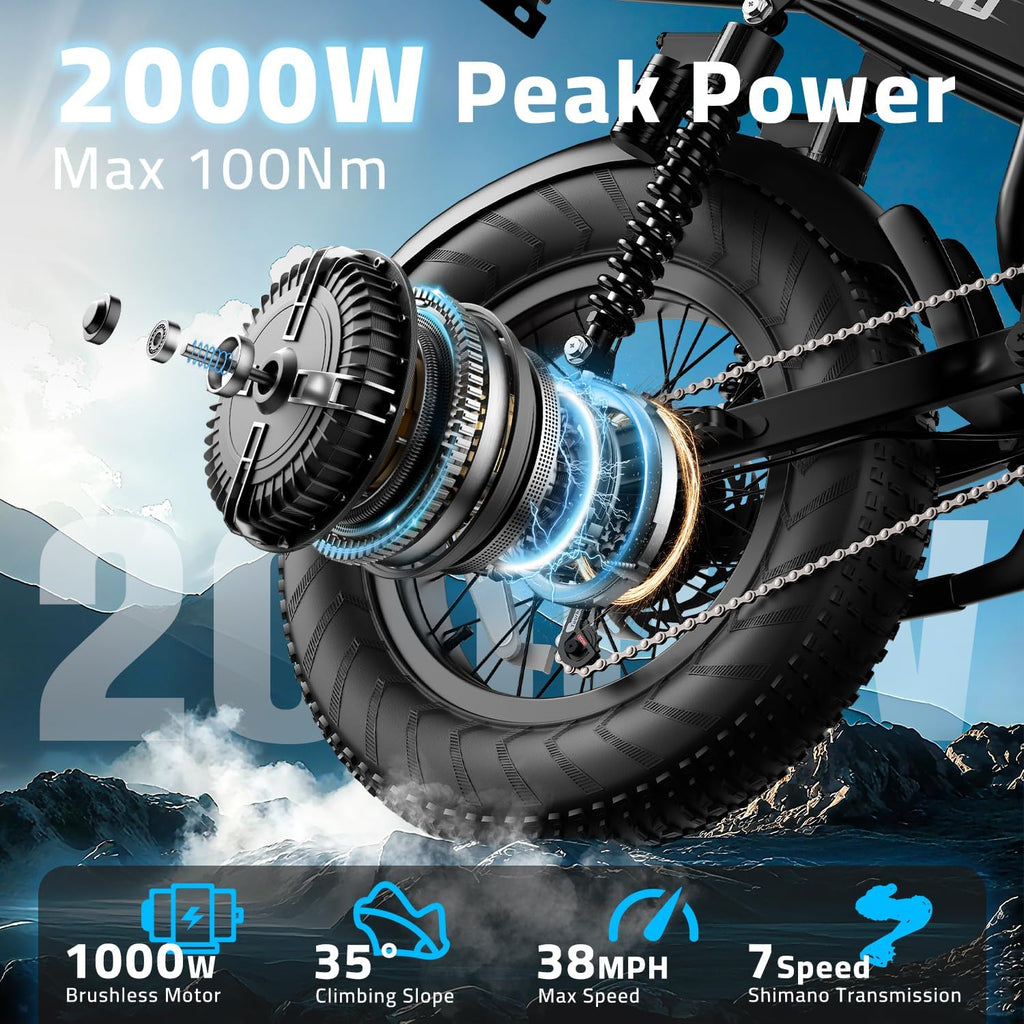 Ebikes for Adults, 1500/2000W Peak Motor, 17/20/23Ah Long Range Teens Electric Bike with Dual Hydraulic Brakes, 20' Fat Tire All-Terrain for Commuting E-Bicycle