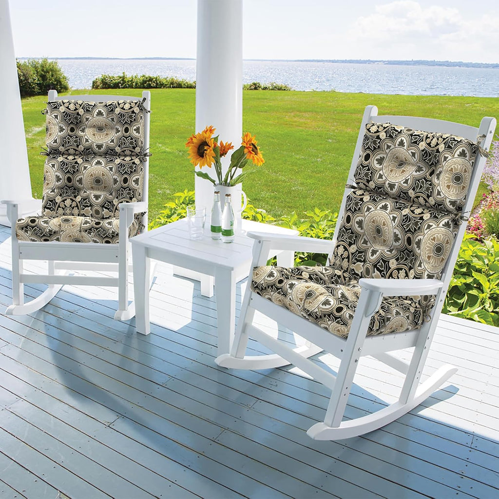 DYTXIII Outdoor High Back Chair Cushions Set of 2, Water Repellent Tufted Rocking Seat Cushions Replacement 44 x 22 Inch, Seat & Back Chair Pads for Patio, Balcony and Indoor Use -Vintage Medallion