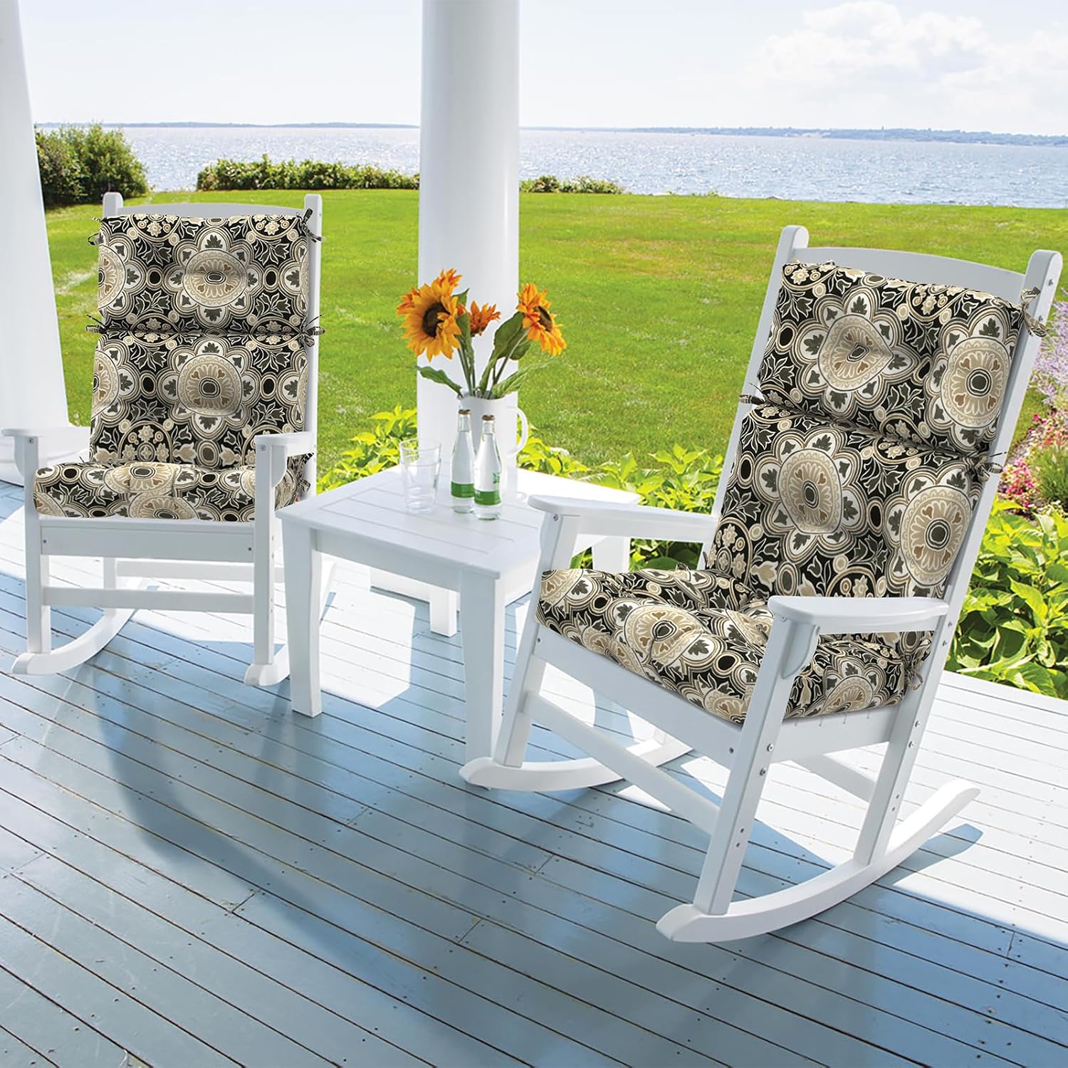 DYTXIII Outdoor High Back Chair Cushions Set of 2, Water Repellent Tufted Rocking Seat Cushions Replacement 44 x 22 Inch, Seat & Back Chair Pads for Patio, Balcony and Indoor Use -Vintage Medallion
